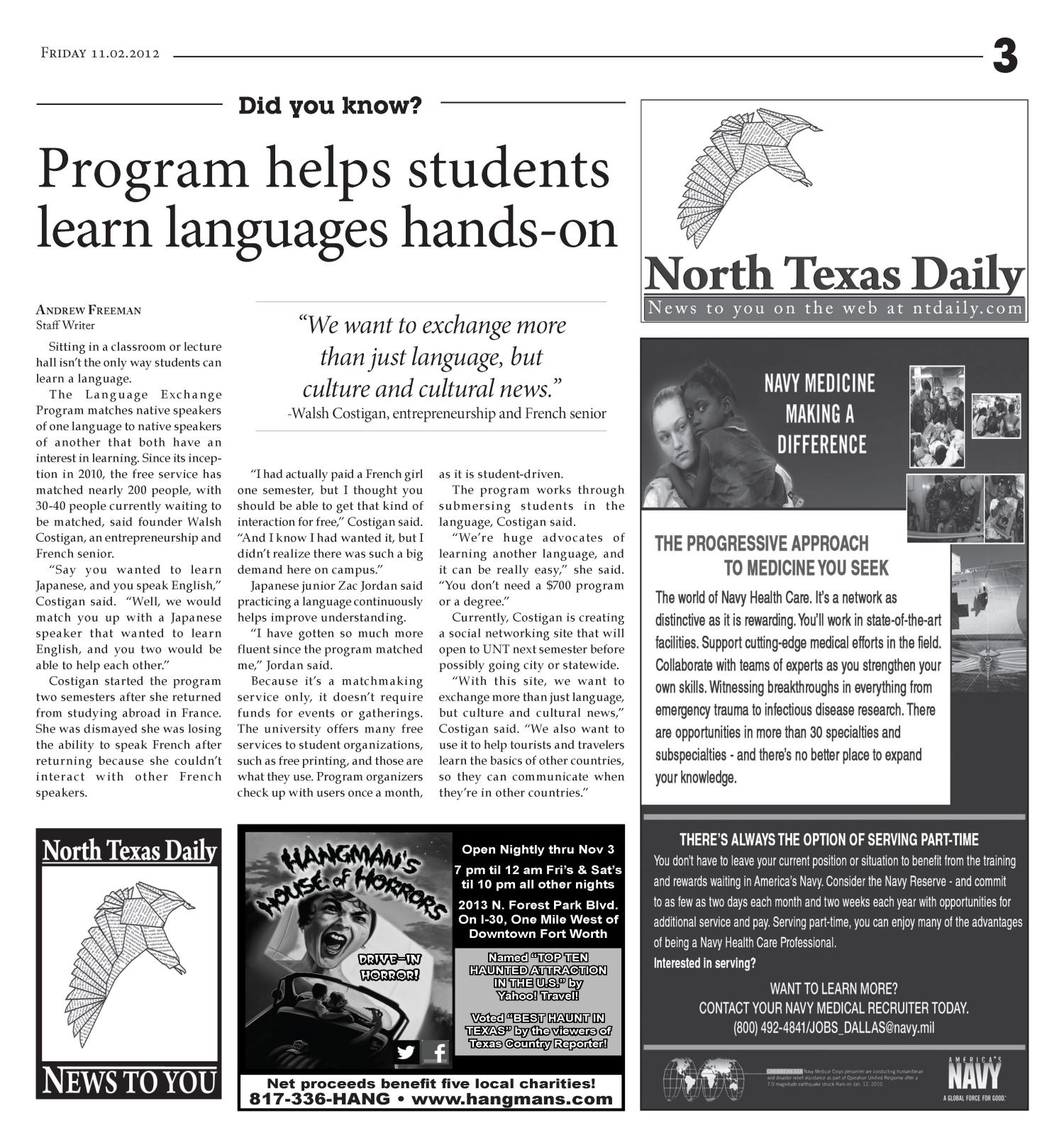 Scene: North Texas Daily (Denton, Tex.), Vol. 100, No. 10, Ed. 1 Friday, November 2, 2012
                                                
                                                    [Sequence #]: 3 of 12
                                                
