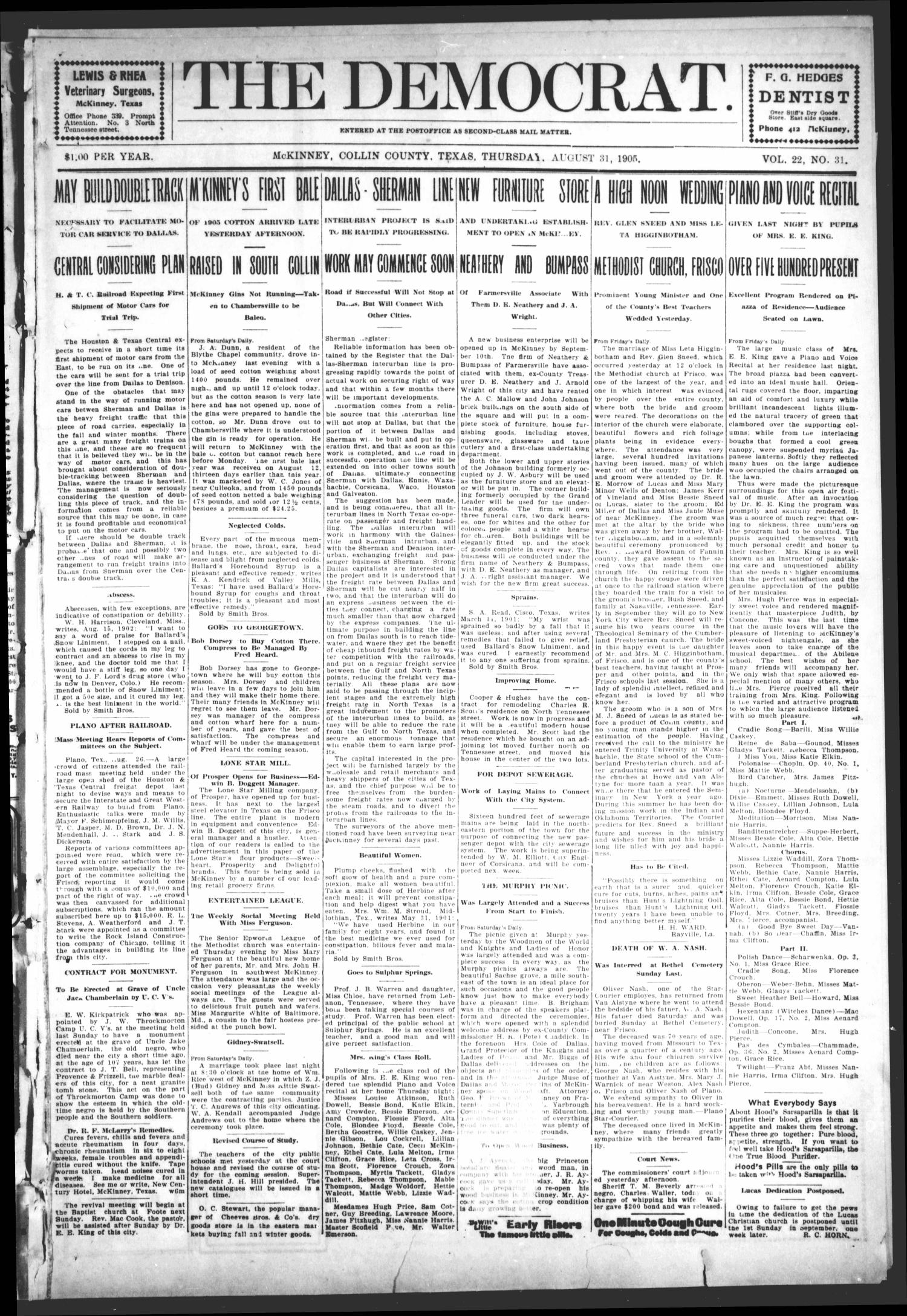 The Democrat (McKinney, Tex.), Vol. 22, No. 31, Ed. 1 Thursday, August 31, 1905
                                                
                                                    [Sequence #]: 1 of 12
                                                
