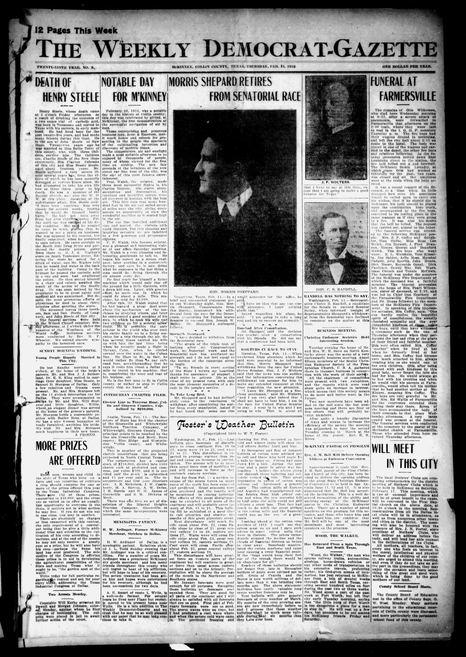 The Weekly Democrat-Gazette (McKinney, Tex.), Vol. 29, No. 3, Ed. 1 Thursday, February 15, 1912
                                                
                                                    [Sequence #]: 1 of 12
                                                