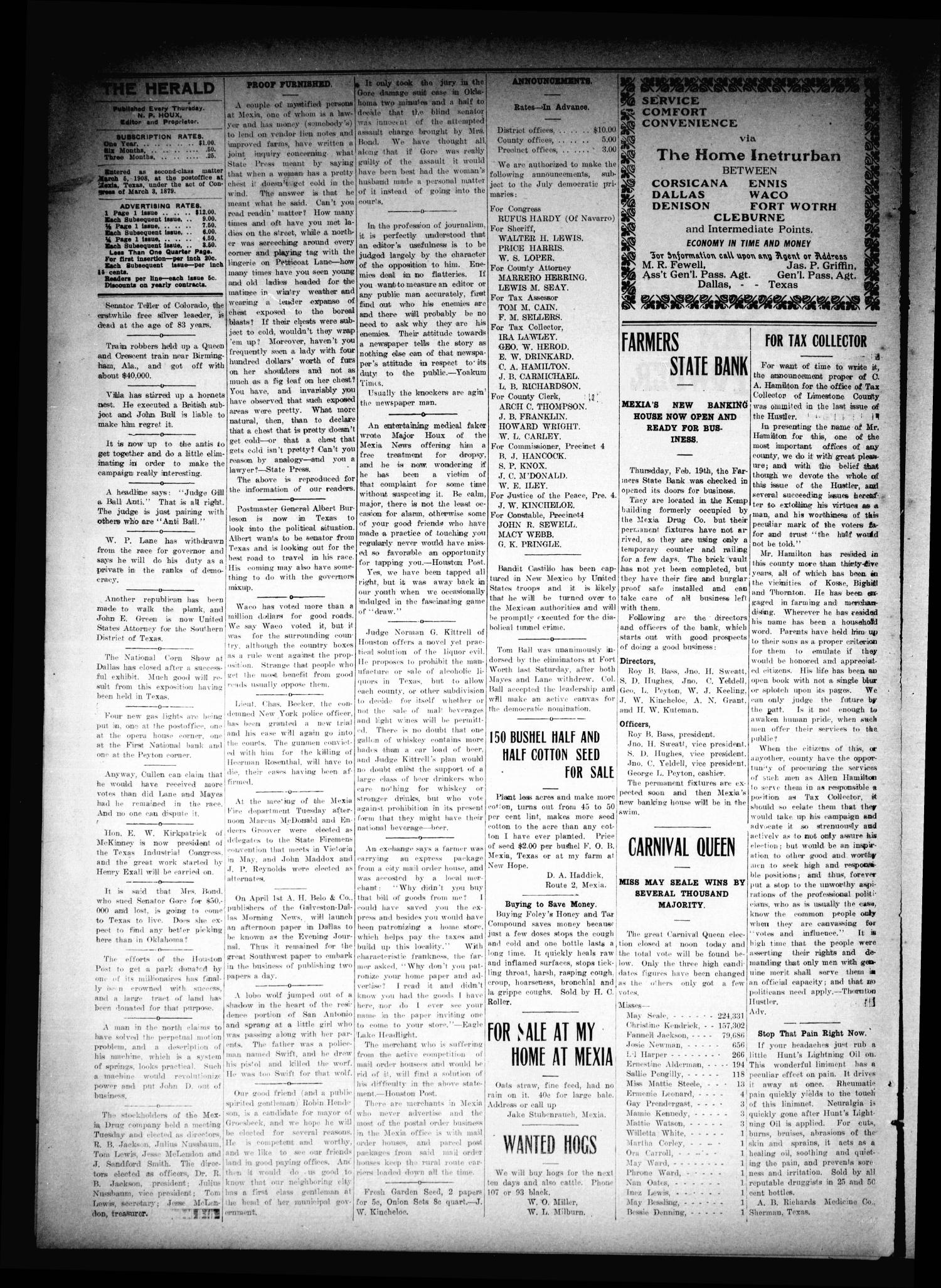The Mexia Weekly Herald. (Mexia, Tex.), Vol. 22, Ed. 1 Thursday, February 26, 1914
                                                
                                                    [Sequence #]: 2 of 4
                                                