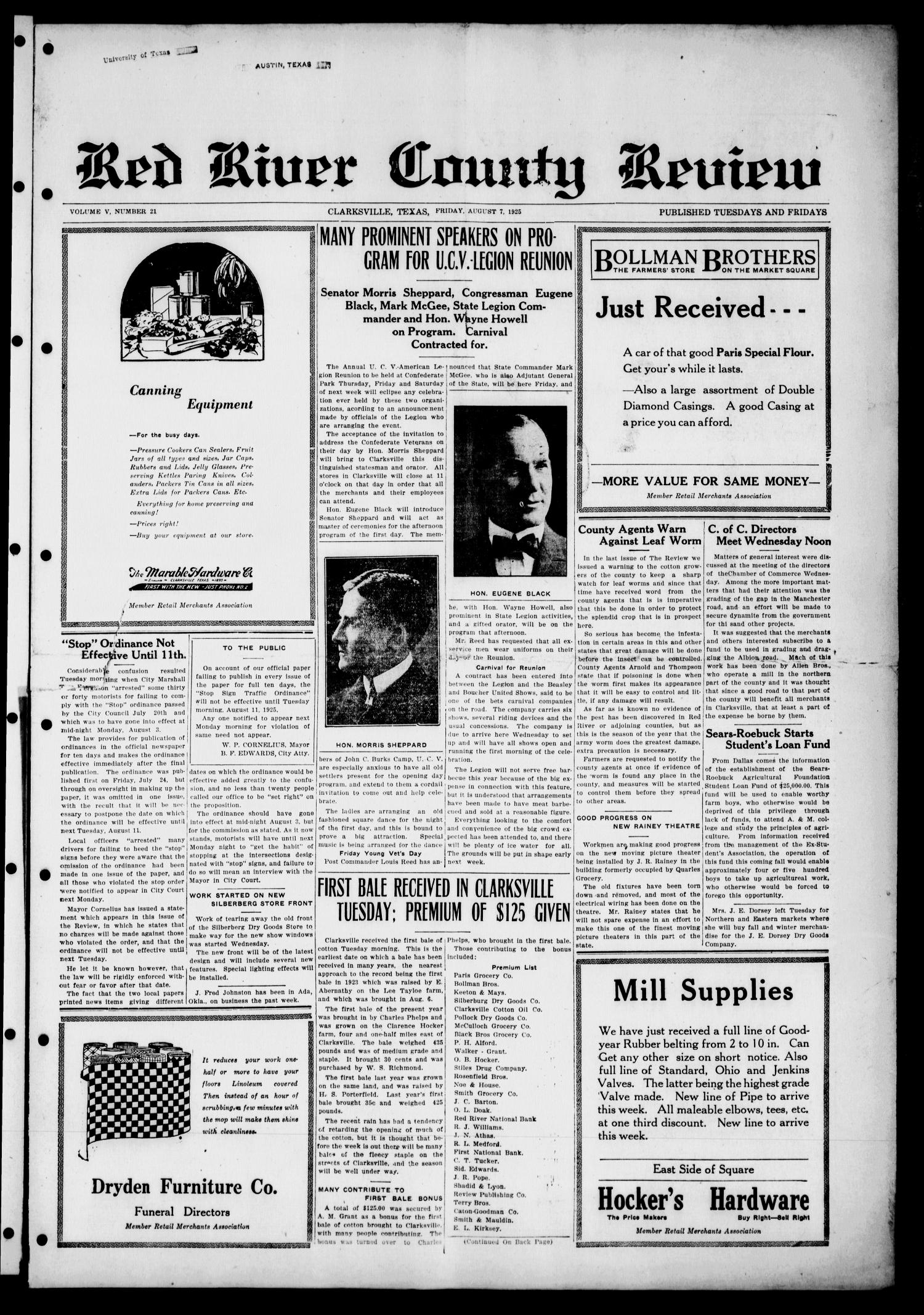 Red River County Review (Clarksville, Tex.), Vol. 5, No. 21, Ed. 1 Friday, August 7, 1925
                                                
                                                    [Sequence #]: 1 of 8
                                                