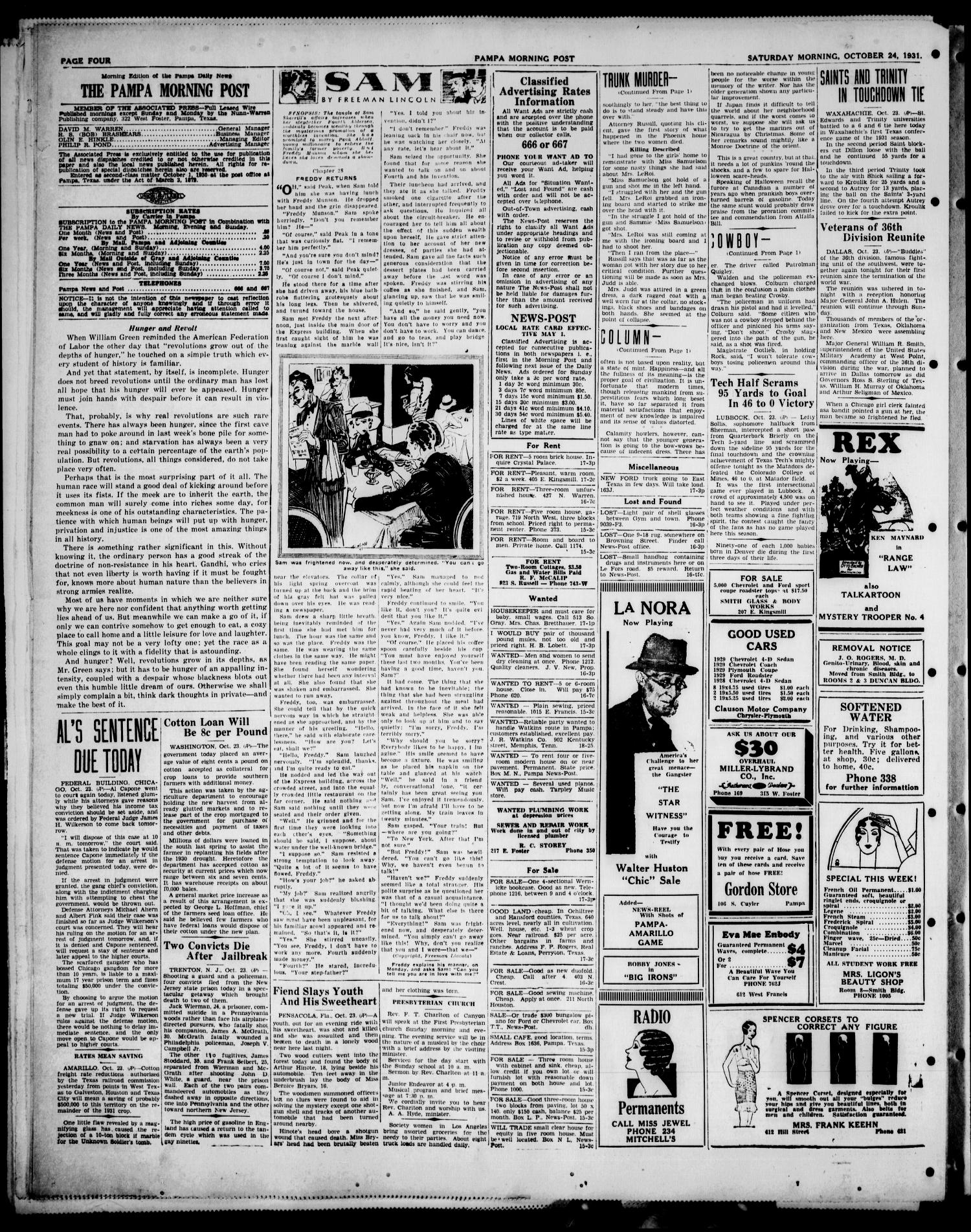 Pampa Morning Post (Pampa, Tex.), Vol. 2, No. 17, Ed. 1 Saturday, October 24, 1931
                                                
                                                    [Sequence #]: 4 of 4
                                                