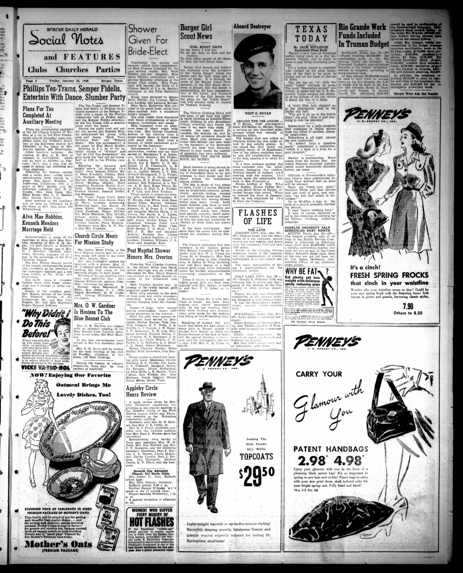 Borger Daily Herald (Borger, Tex.), Vol. 20, No. 53, Ed. 1 Friday, January 25, 1946
                                                
                                                    [Sequence #]: 3 of 8
                                                