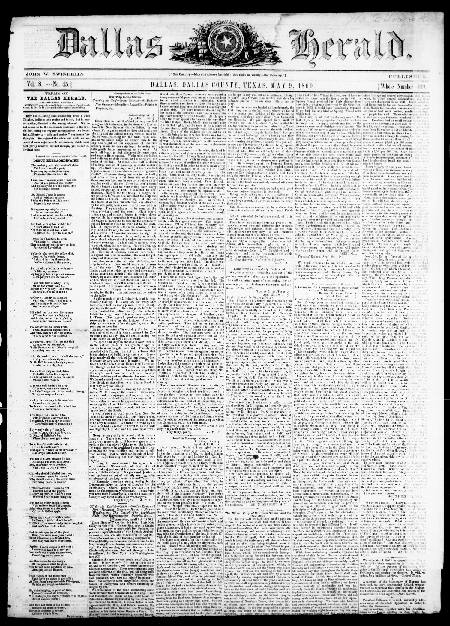 Dallas Herald. (Dallas, Tex.), Vol. 8, No. 45, Ed. 1 Wednesday, May 9, 1860
                                                
                                                    [Sequence #]: 1 of 4
                                                
