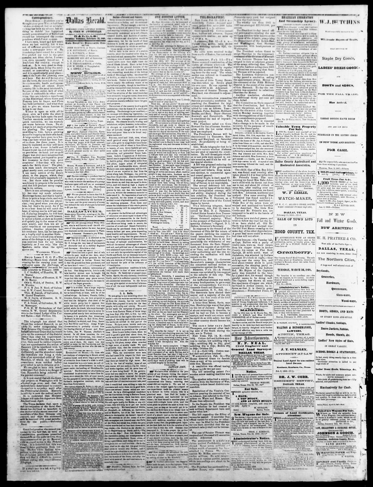 Dallas Herald. (Dallas, Tex.), Vol. 15, No. 23, Ed. 1 Saturday, February 22, 1868
                                                
                                                    [Sequence #]: 2 of 4
                                                