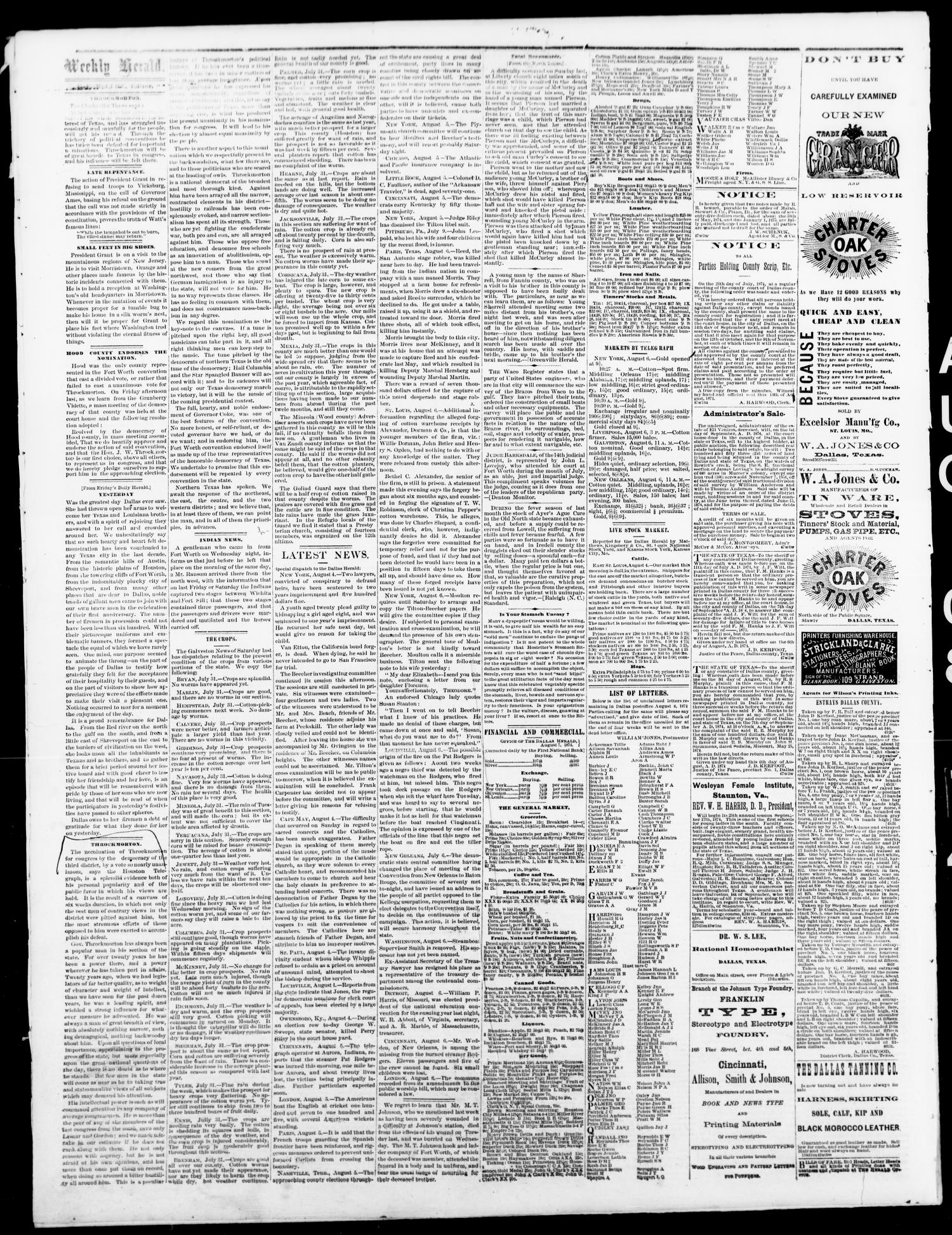 The Dallas Weekly Herald. (Dallas, Tex.), Vol. 21, No. 47, Ed. 1 Saturday, August 8, 1874
                                                
                                                    [Sequence #]: 2 of 4
                                                
