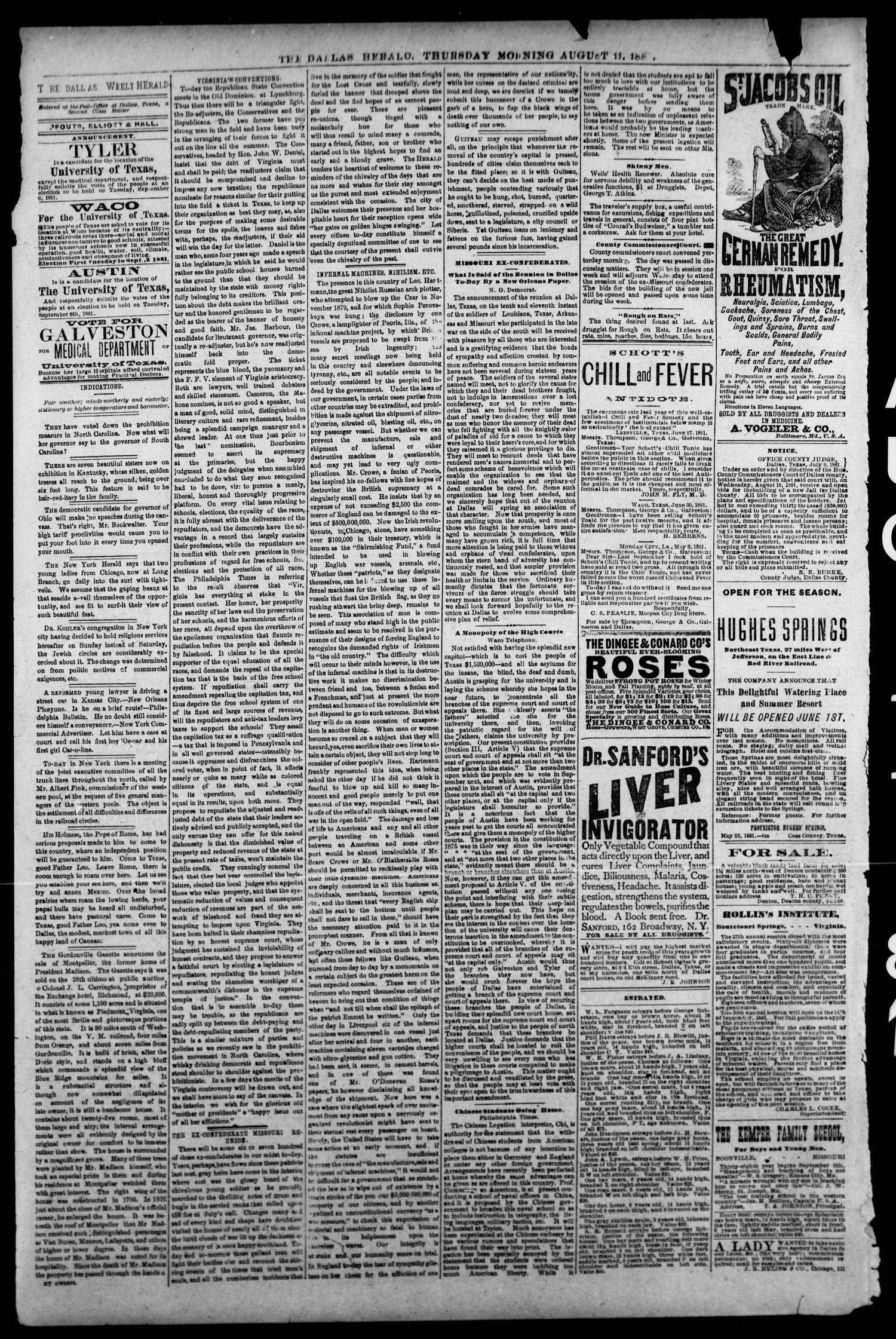 The Dallas Weekly Herald. (Dallas, Tex.), Vol. 31, No. 16, Ed. 1 Thursday, August 11, 1881
                                                
                                                    [Sequence #]: 4 of 8
                                                