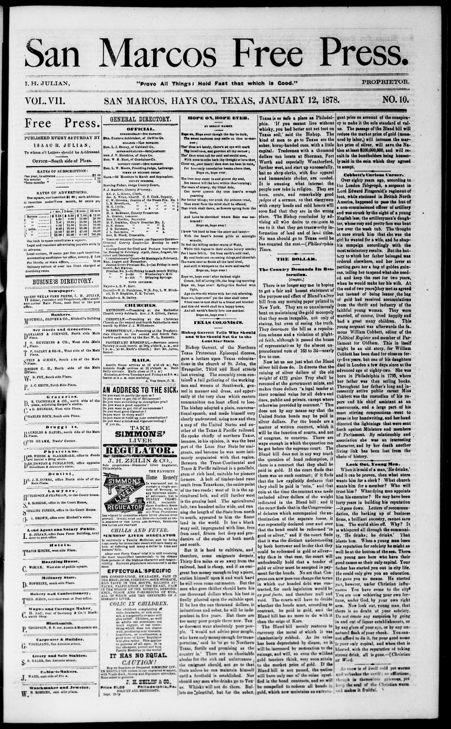 San Marcos Free Press. (San Marcos, Tex.), Vol. 7, No. 10, Ed. 1 Saturday, January 12, 1878
                                                
                                                    [Sequence #]: 1 of 8
                                                