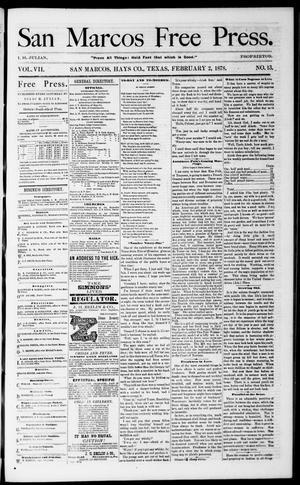 Primary view of object titled 'San Marcos Free Press. (San Marcos, Tex.), Vol. 7, No. 13, Ed. 1 Saturday, February 2, 1878'.