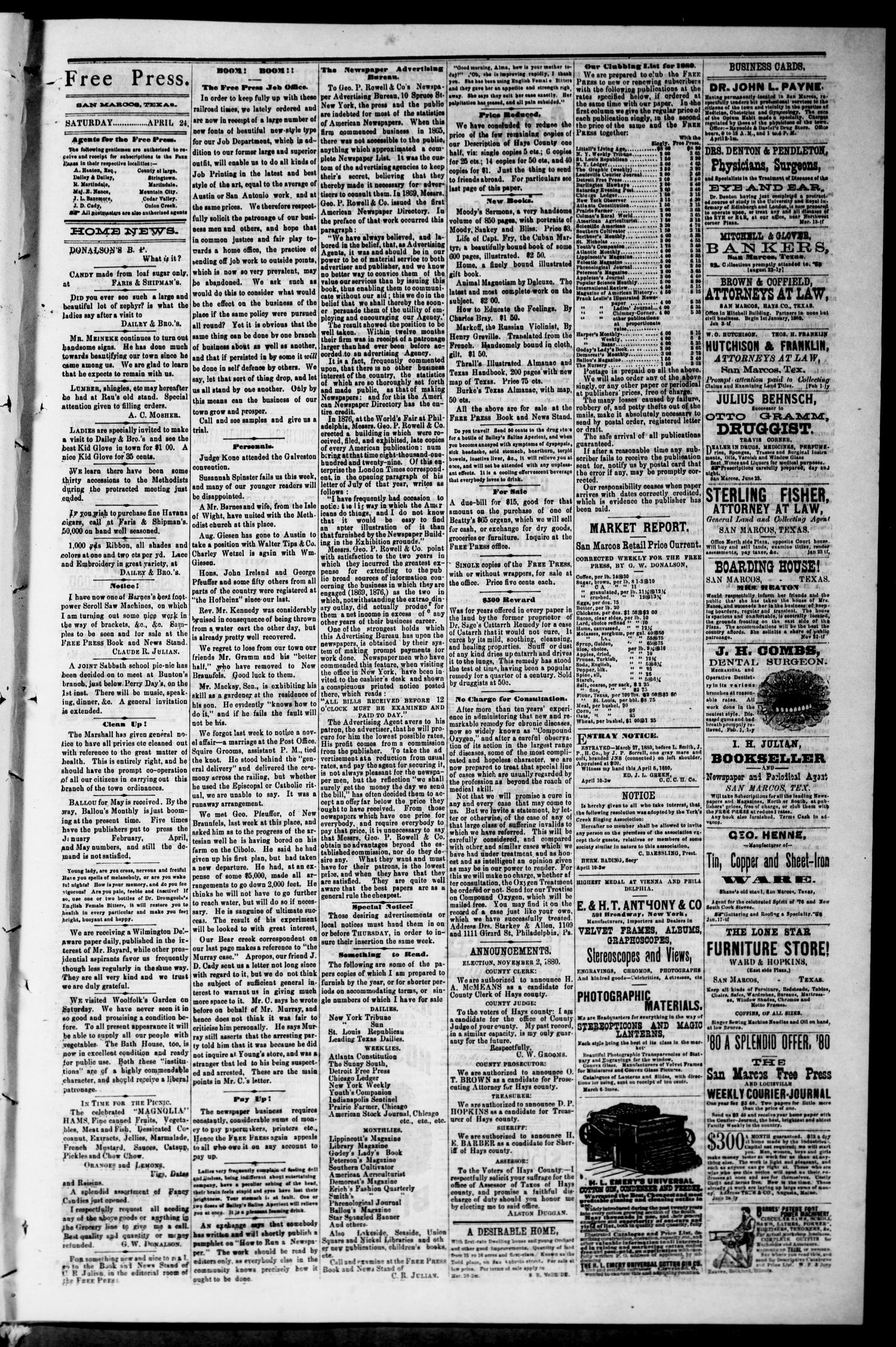 San Marcos Free Press. (San Marcos, Tex.), Vol. 9, No. 23, Ed. 1 Saturday, April 24, 1880
                                                
                                                    [Sequence #]: 3 of 4
                                                