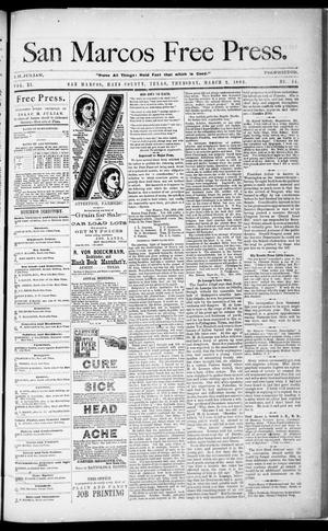 Primary view of object titled 'San Marcos Free Press. (San Marcos, Tex.), Vol. 11, No. 14, Ed. 1 Thursday, March 2, 1882'.