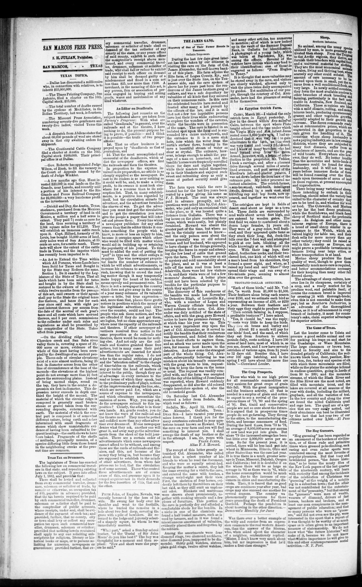 San Marcos Free Press. (San Marcos, Tex.), Vol. 11, No. 27, Ed. 1 Thursday, June 1, 1882
                                                
                                                    [Sequence #]: 2 of 8
                                                