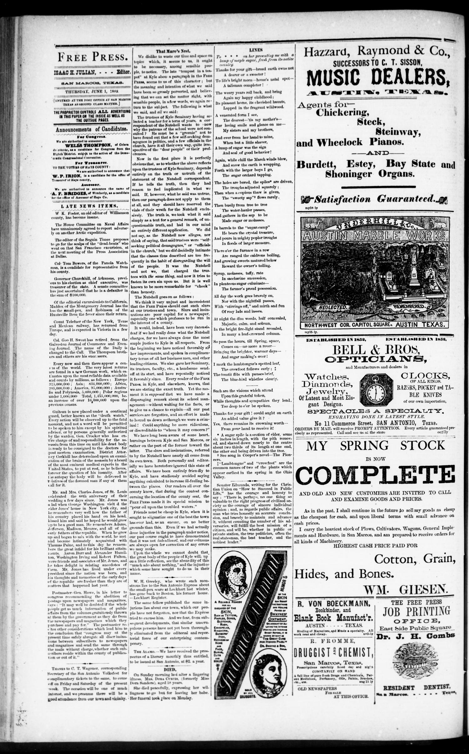 San Marcos Free Press. (San Marcos, Tex.), Vol. 11, No. 27, Ed. 1 Thursday, June 1, 1882
                                                
                                                    [Sequence #]: 4 of 8
                                                