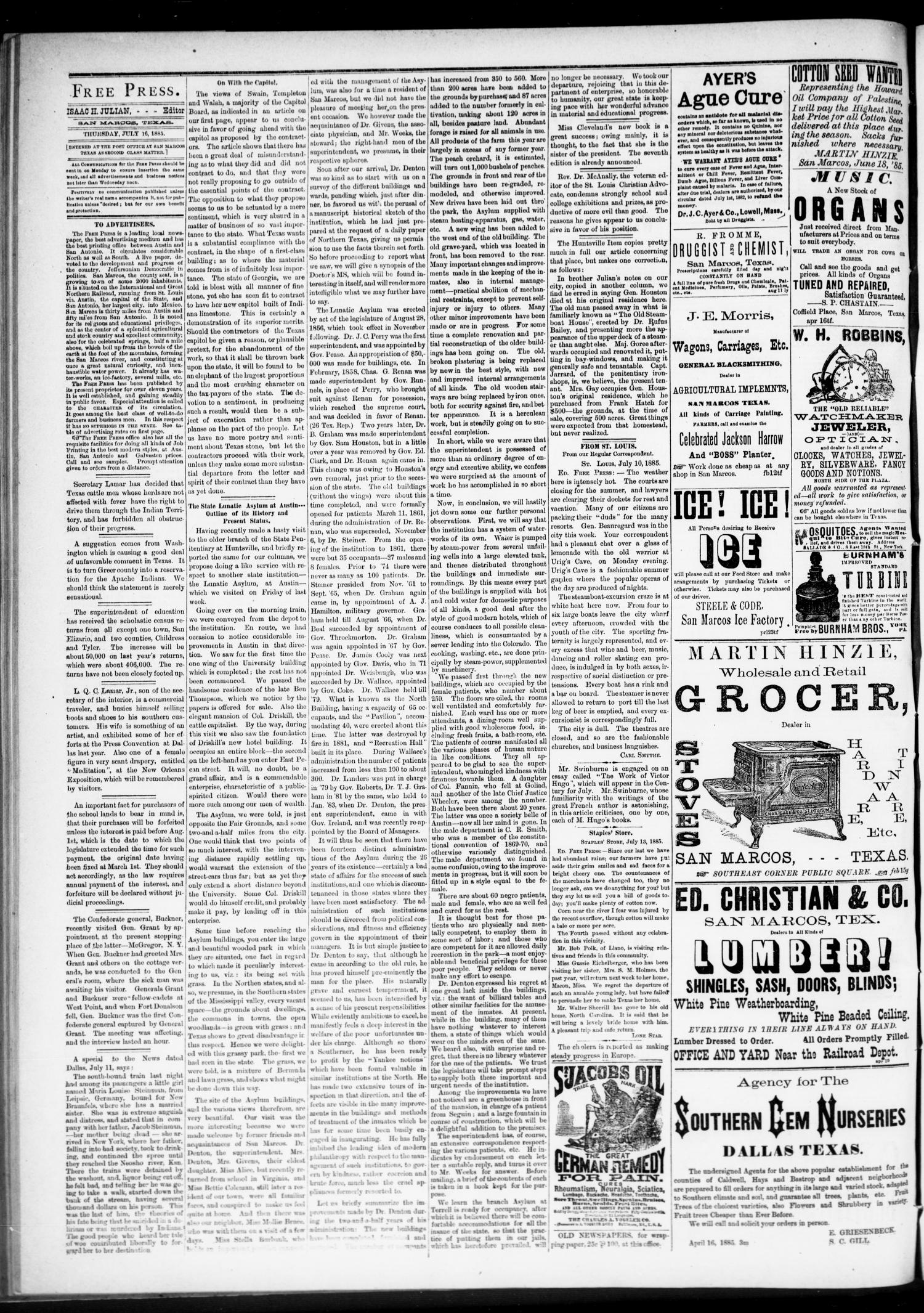 San Marcos Free Press. (San Marcos, Tex.), Vol. 14, No. 31, Ed. 1 Thursday, July 16, 1885
                                                
                                                    [Sequence #]: 2 of 4
                                                
