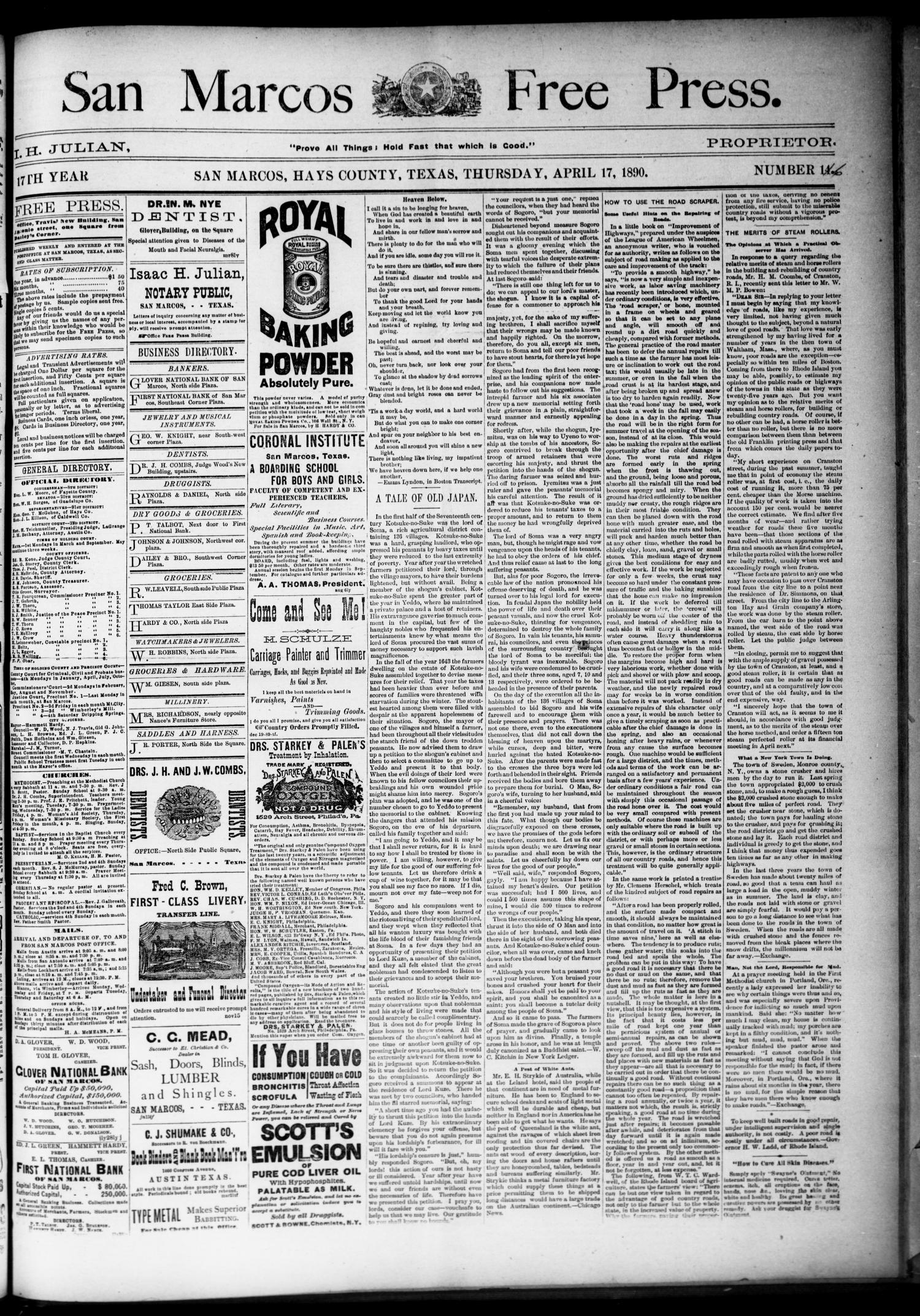 San Marcos Free Press. (San Marcos, Tex.), Vol. 17TH YEAR, No. 16, Ed. 1 Thursday, April 17, 1890
                                                
                                                    [Sequence #]: 1 of 4
                                                