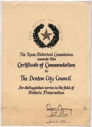 Primary view of object titled '[Certificate of Commendation to the Denton City Council]'.