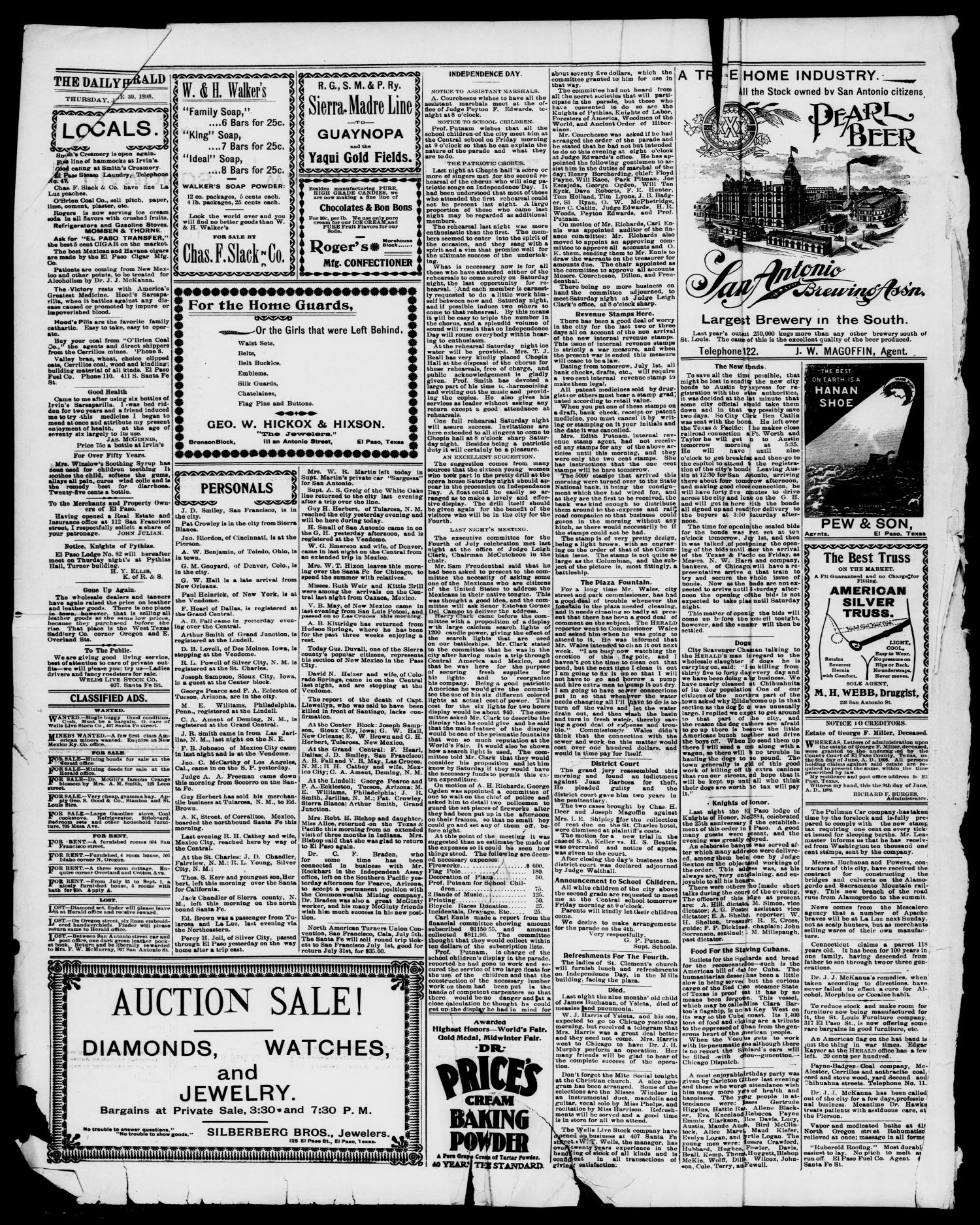 El Paso Daily Herald. (El Paso, Tex.), Vol. 18, No. 143, Ed. 1 Thursday, June 30, 1898
                                                
                                                    [Sequence #]: 4 of 4
                                                