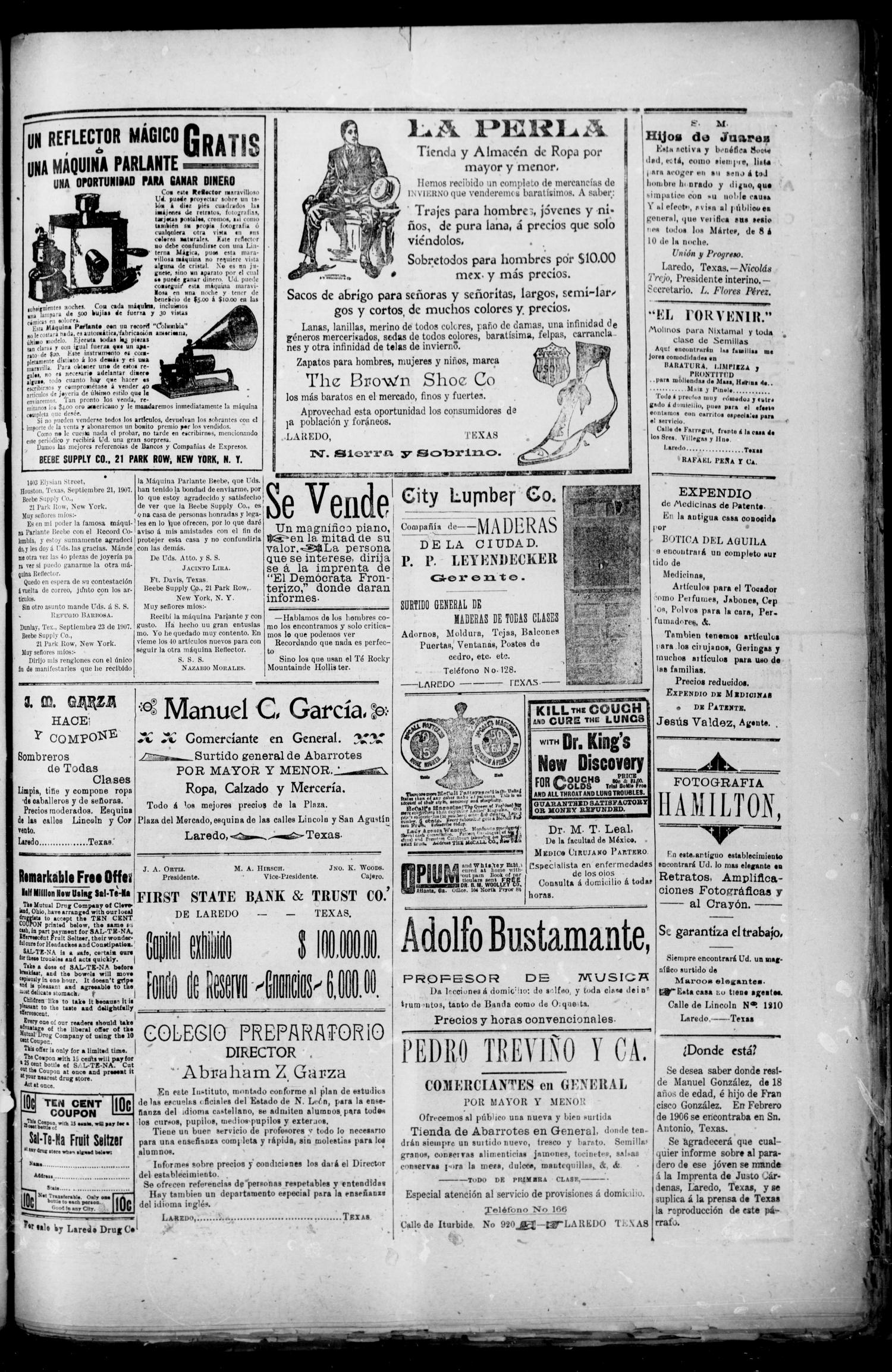El Democrata Fronterizo. (Laredo, Tex.), Vol. 9, No. 518, Ed. 1 Saturday, December 21, 1907
                                                
                                                    [Sequence #]: 3 of 4
                                                