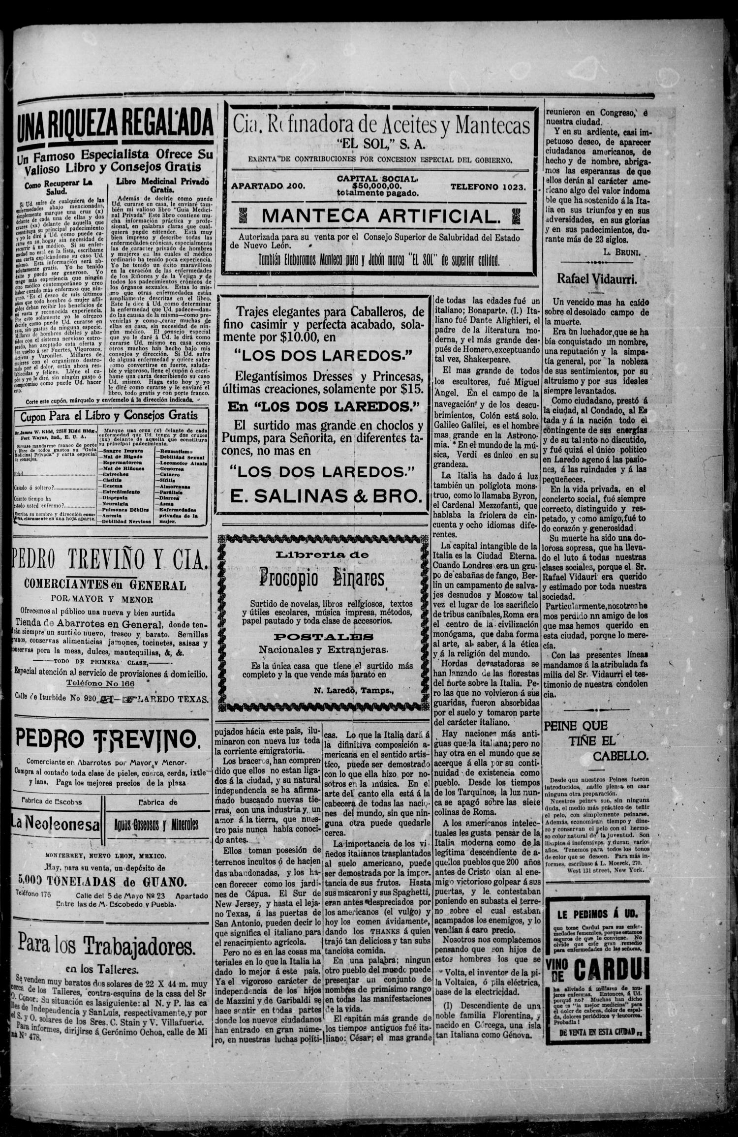 El Democrata Fronterizo. (Laredo, Tex.), Vol. 13, No. 694, Ed. 1 Saturday, April 15, 1911
                                                
                                                    [Sequence #]: 3 of 4
                                                