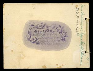Worn page with illustrated flowers and the word Calendar at center with a purple background.