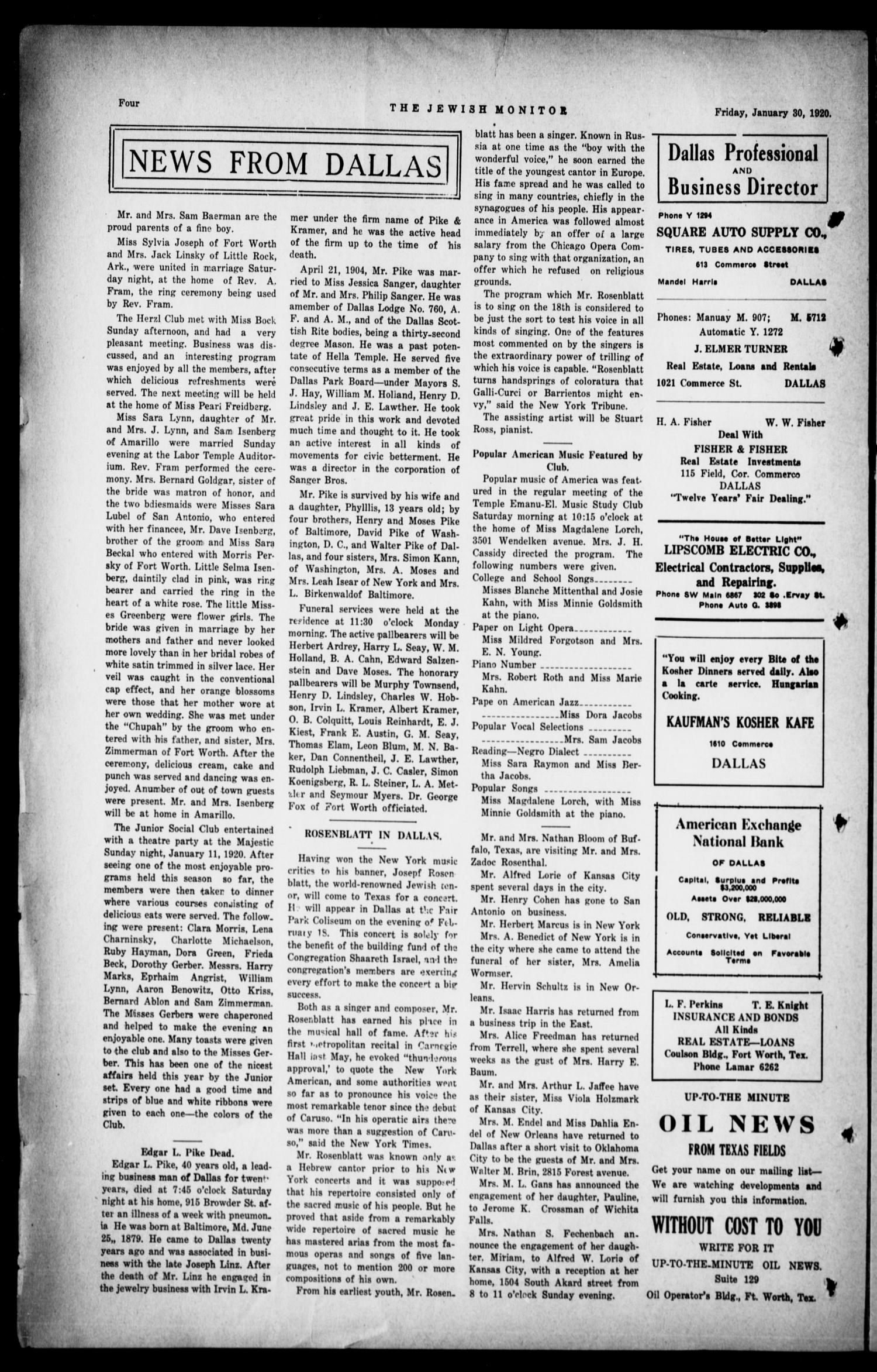 The Jewish Monitor (Fort Worth-Dallas, Tex.), Vol. 8, No. 19, Ed. 1 Friday, January 30, 1920
                                                
                                                    [Sequence #]: 4 of 16
                                                