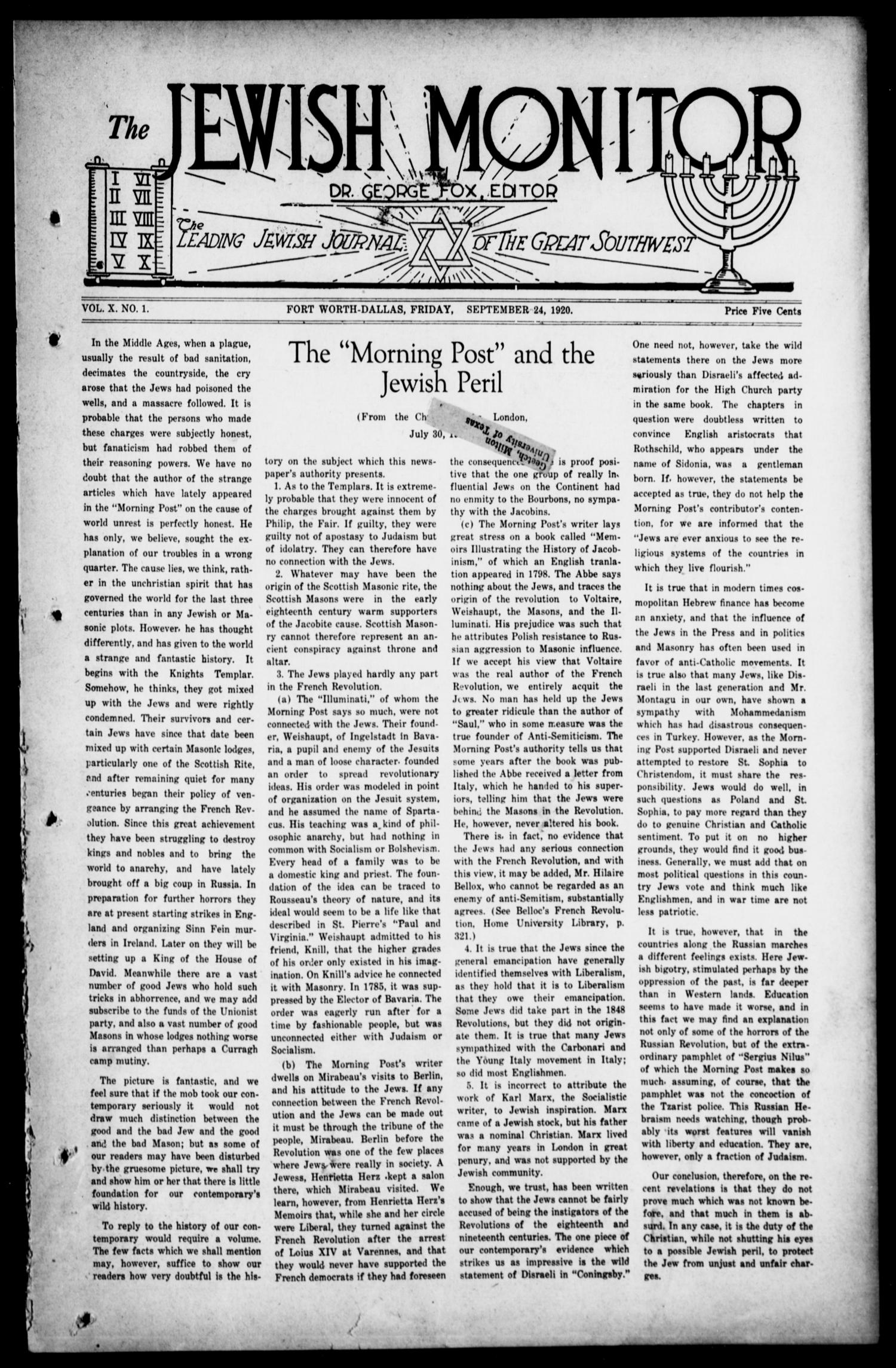 The Jewish Monitor (Fort Worth-Dallas, Tex.), Vol. 10, No. 1, Ed. 1 Friday, September 24, 1920
                                                
                                                    [Sequence #]: 1 of 16
                                                