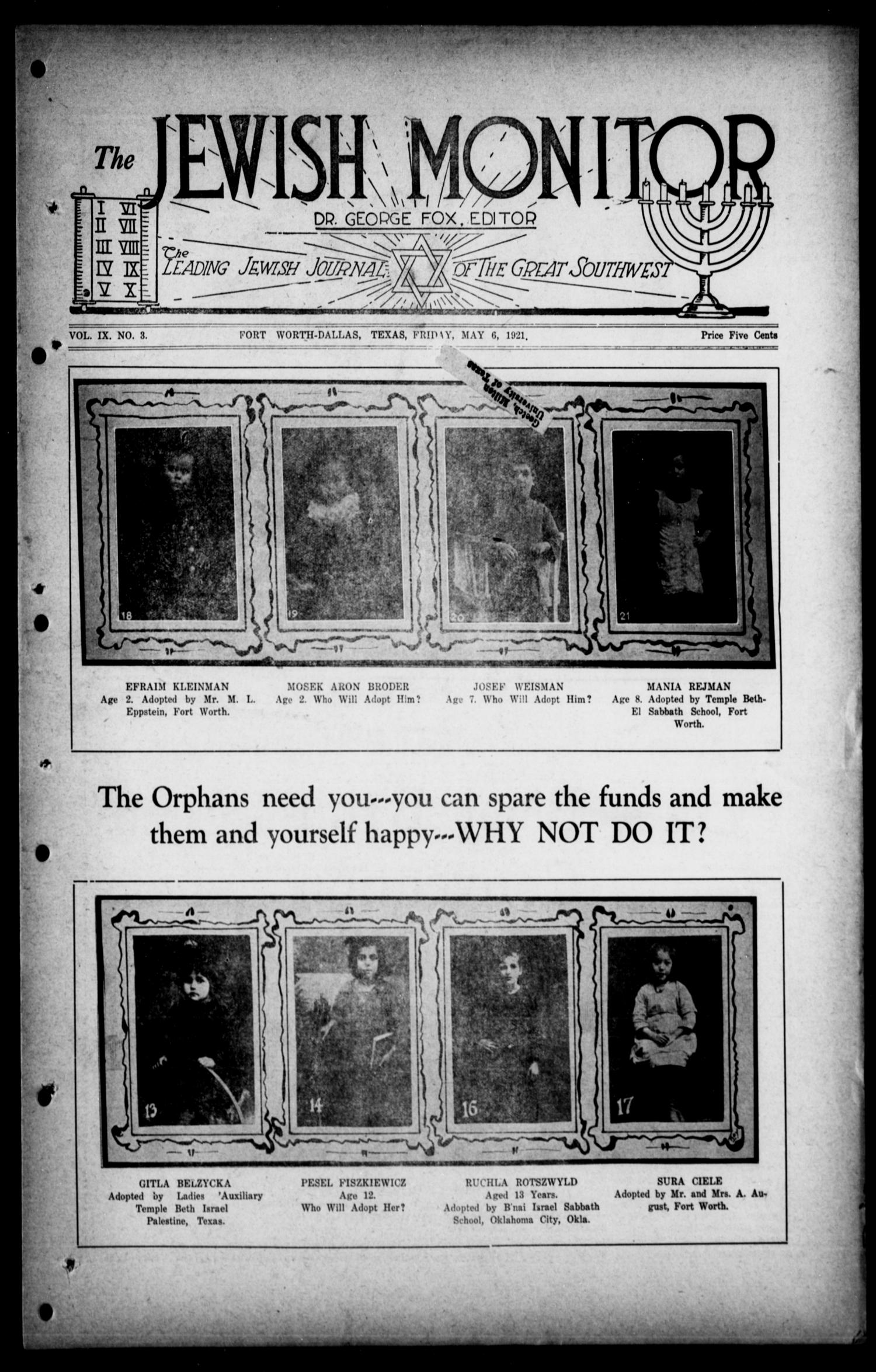 The Jewish Monitor (Fort Worth-Dallas, Tex.), Vol. 9, No. 3, Ed. 1 Friday, May 6, 1921
                                                
                                                    [Sequence #]: 1 of 16
                                                