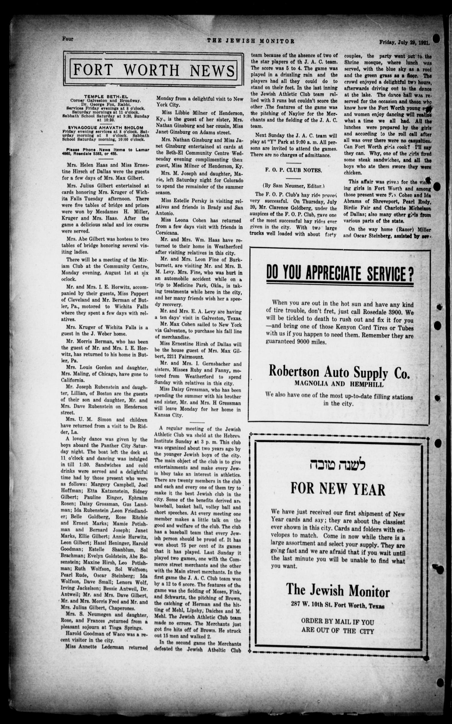 The Jewish Monitor (Fort Worth-Dallas, Tex.), Vol. 9, No. 15, Ed. 1 Friday, July 29, 1921
                                                
                                                    [Sequence #]: 4 of 16
                                                