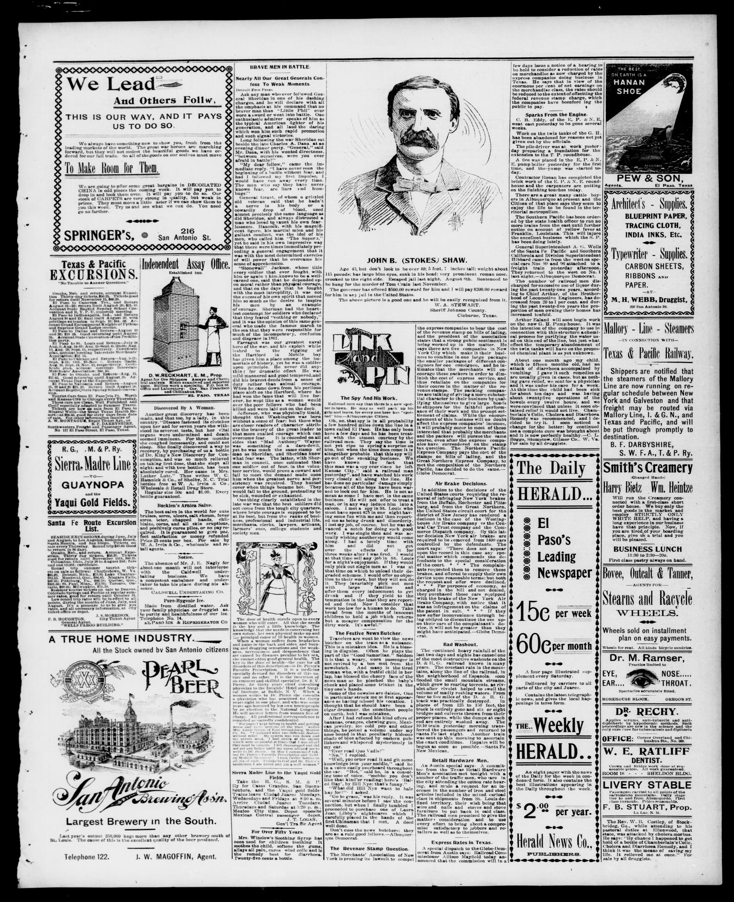 El Paso Daily Herald. (El Paso, Tex.), Vol. 18, No. 180, Ed. 1 Saturday, August 13, 1898
                                                
                                                    [Sequence #]: 3 of 8
                                                