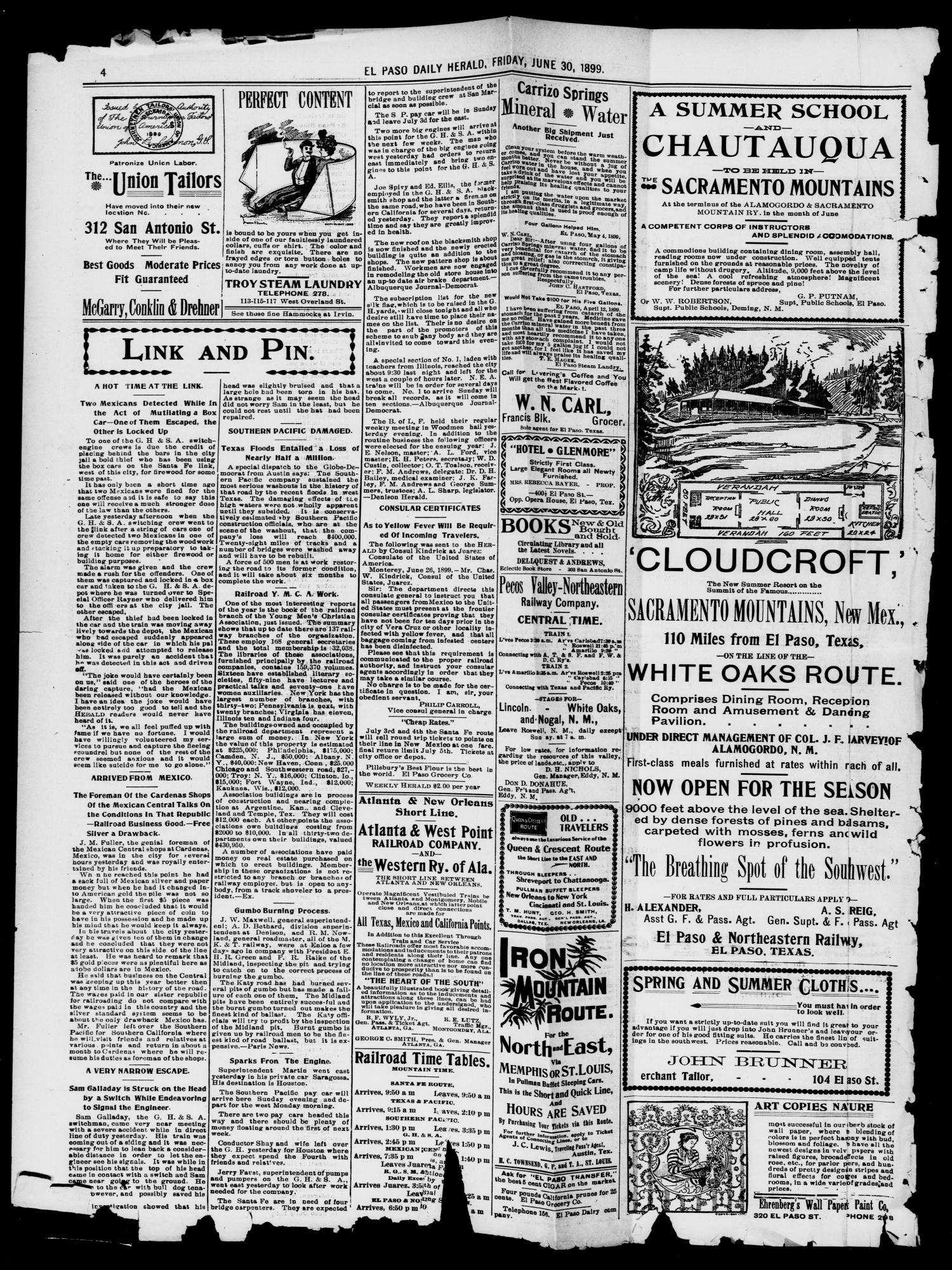 El Paso Daily Herald. (El Paso, Tex.), Vol. 19, No. 155, Ed. 1 Friday, June 30, 1899
                                                
                                                    [Sequence #]: 4 of 6
                                                