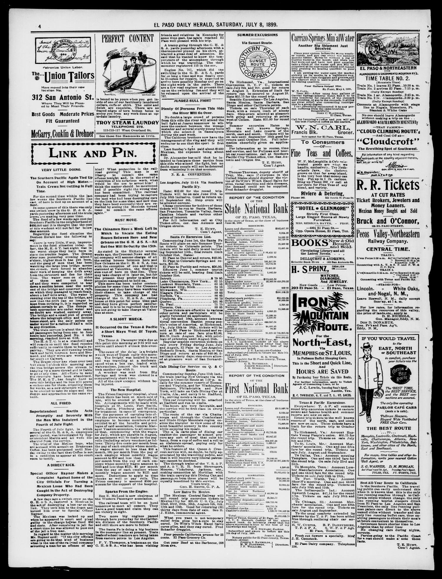 El Paso Daily Herald. (El Paso, Tex.), Vol. 19, No. 161, Ed. 1 Saturday, July 8, 1899
                                                
                                                    [Sequence #]: 4 of 12
                                                