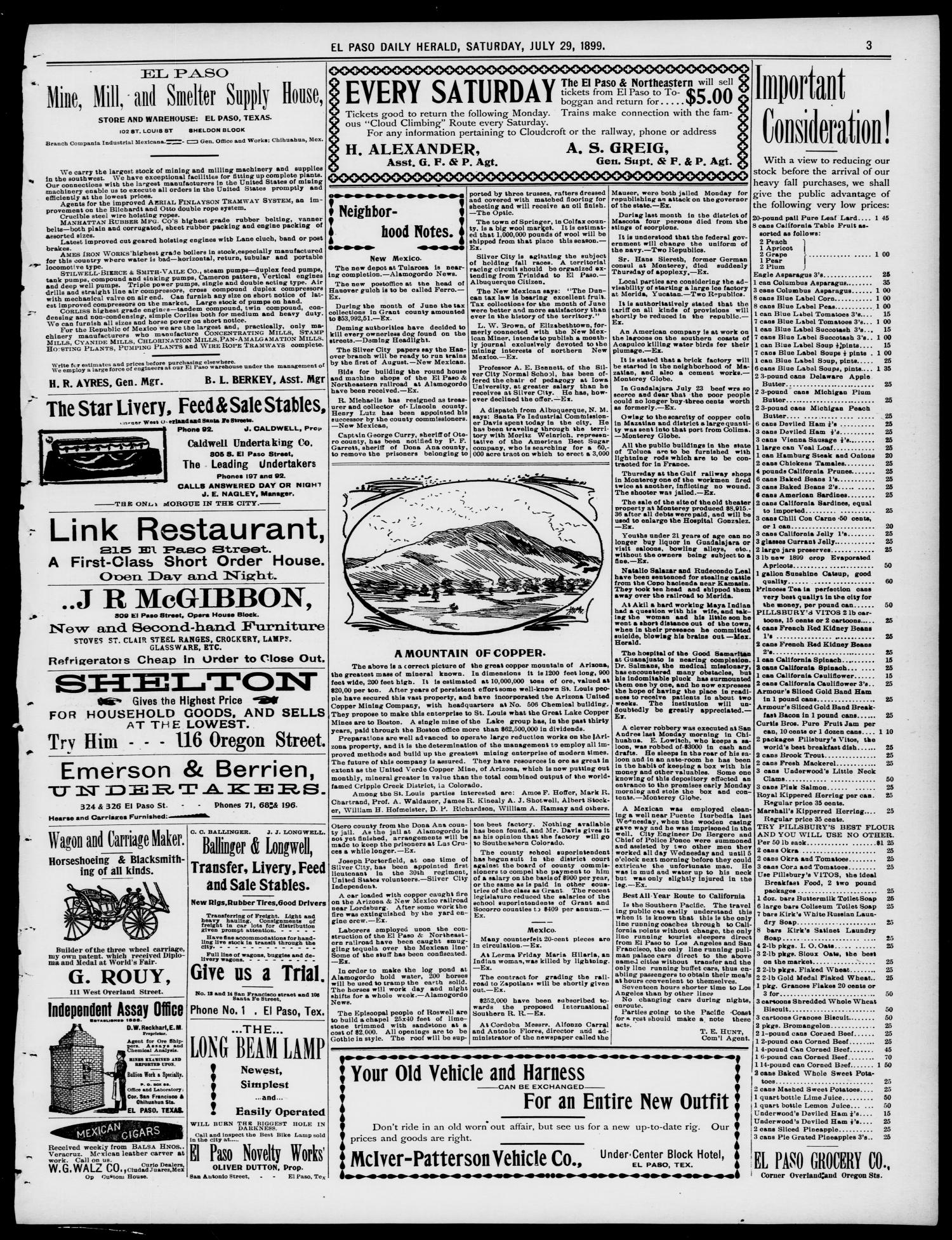 El Paso Daily Herald. (El Paso, Tex.), Vol. 19, No. 178, Ed. 1 Saturday, July 29, 1899
                                                
                                                    [Sequence #]: 3 of 12
                                                