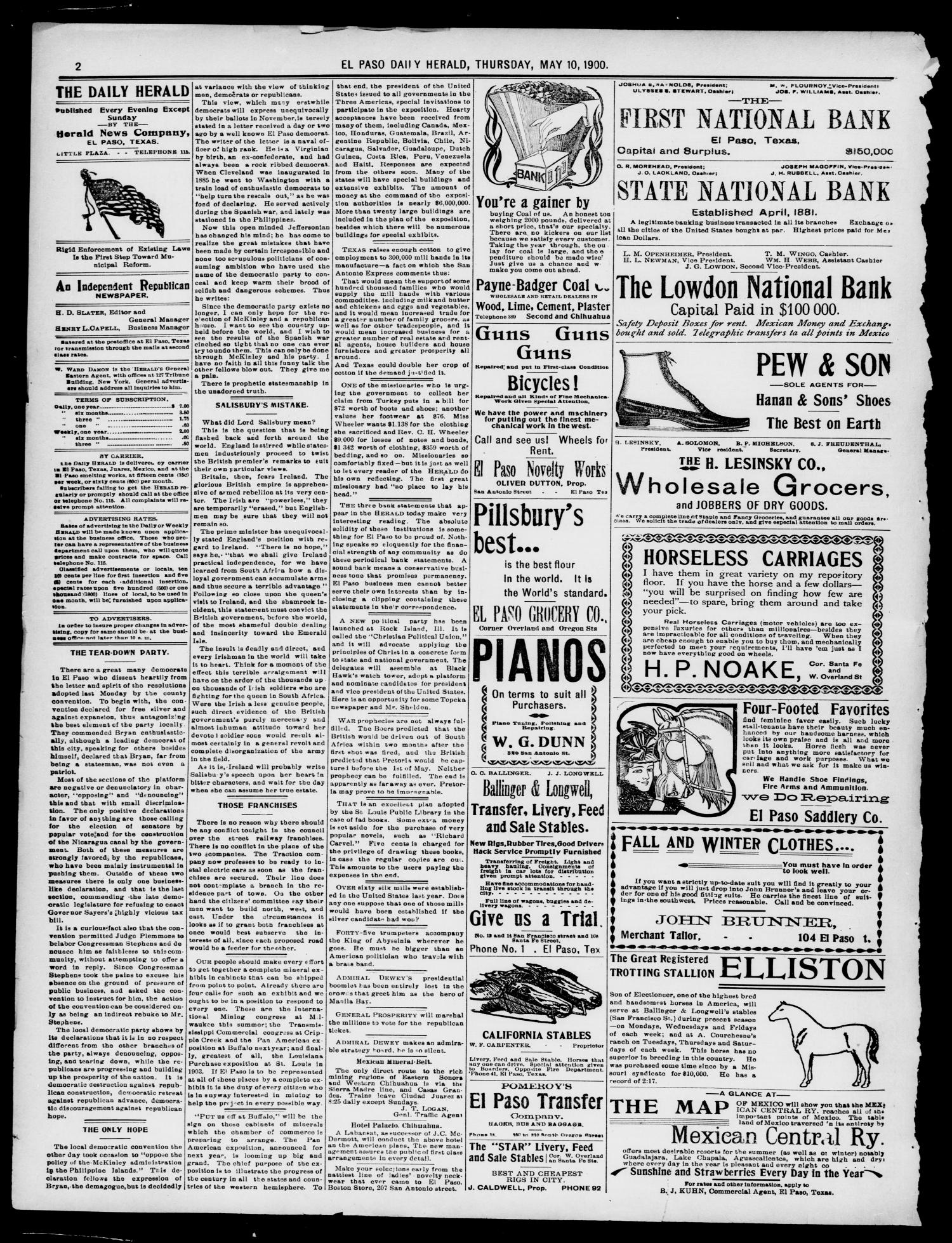 El Paso Daily Herald. (El Paso, Tex.), Vol. 20TH YEAR, No. 109, Ed. 1 Thursday, May 10, 1900
                                                
                                                    [Sequence #]: 2 of 8
                                                