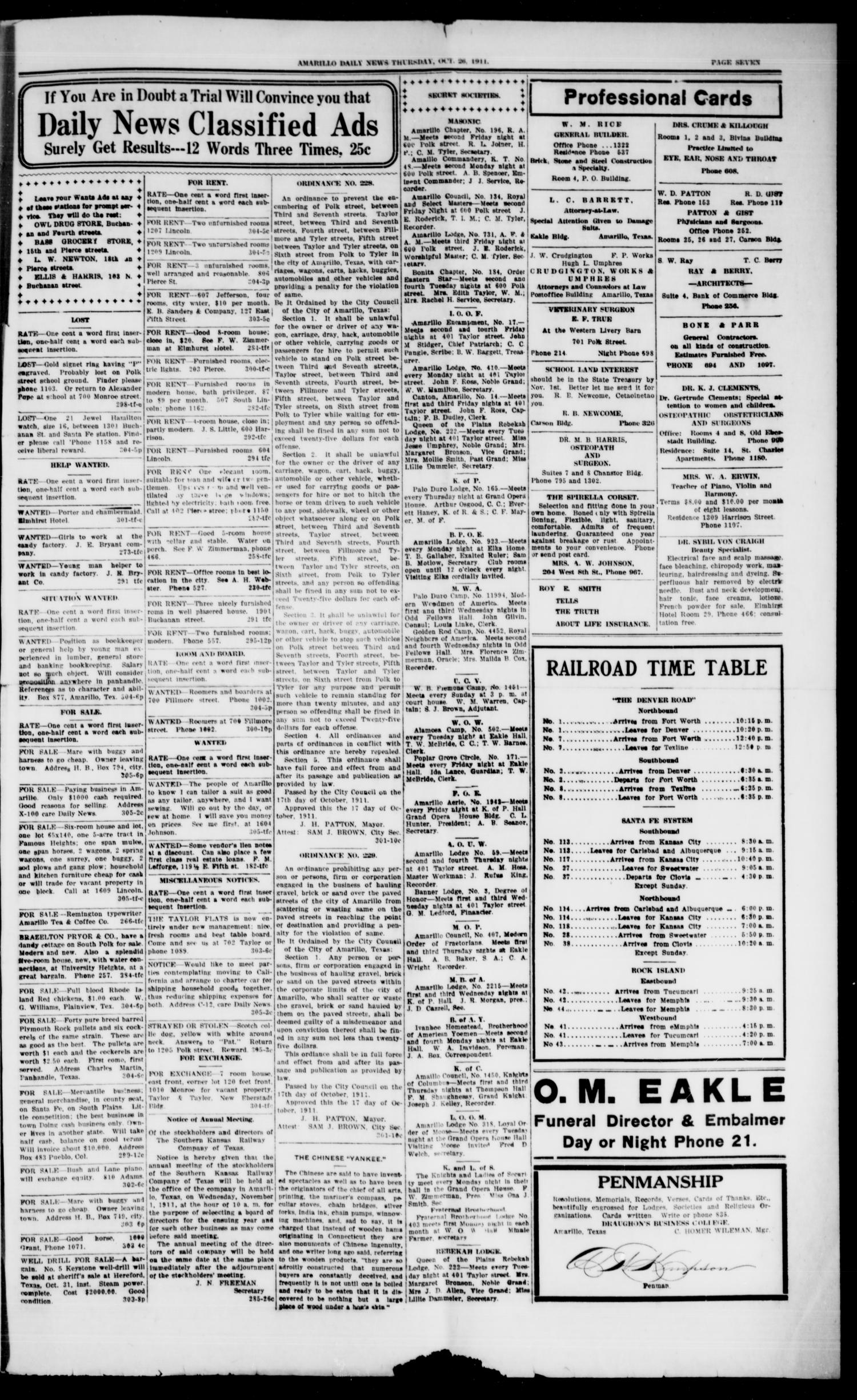Amarillo Daily News (Amarillo, Tex.), Vol. 2, No. 306, Ed. 1 Thursday, October 26, 1911
                                                
                                                    [Sequence #]: 7 of 8
                                                