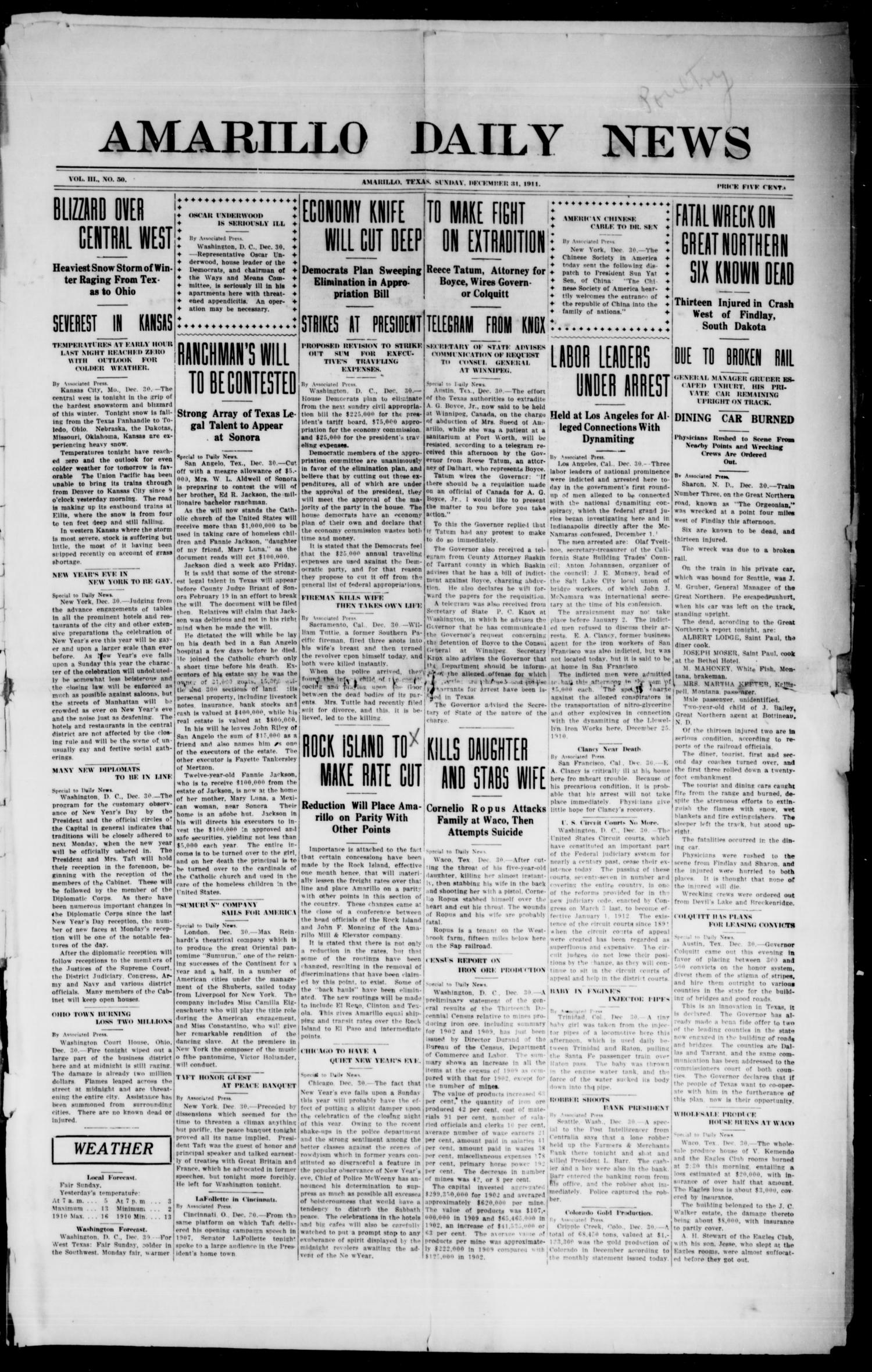 Amarillo Daily News (Amarillo, Tex.), Vol. 3, No. 50, Ed. 1 Sunday, December 31, 1911
                                                
                                                    [Sequence #]: 1 of 12
                                                