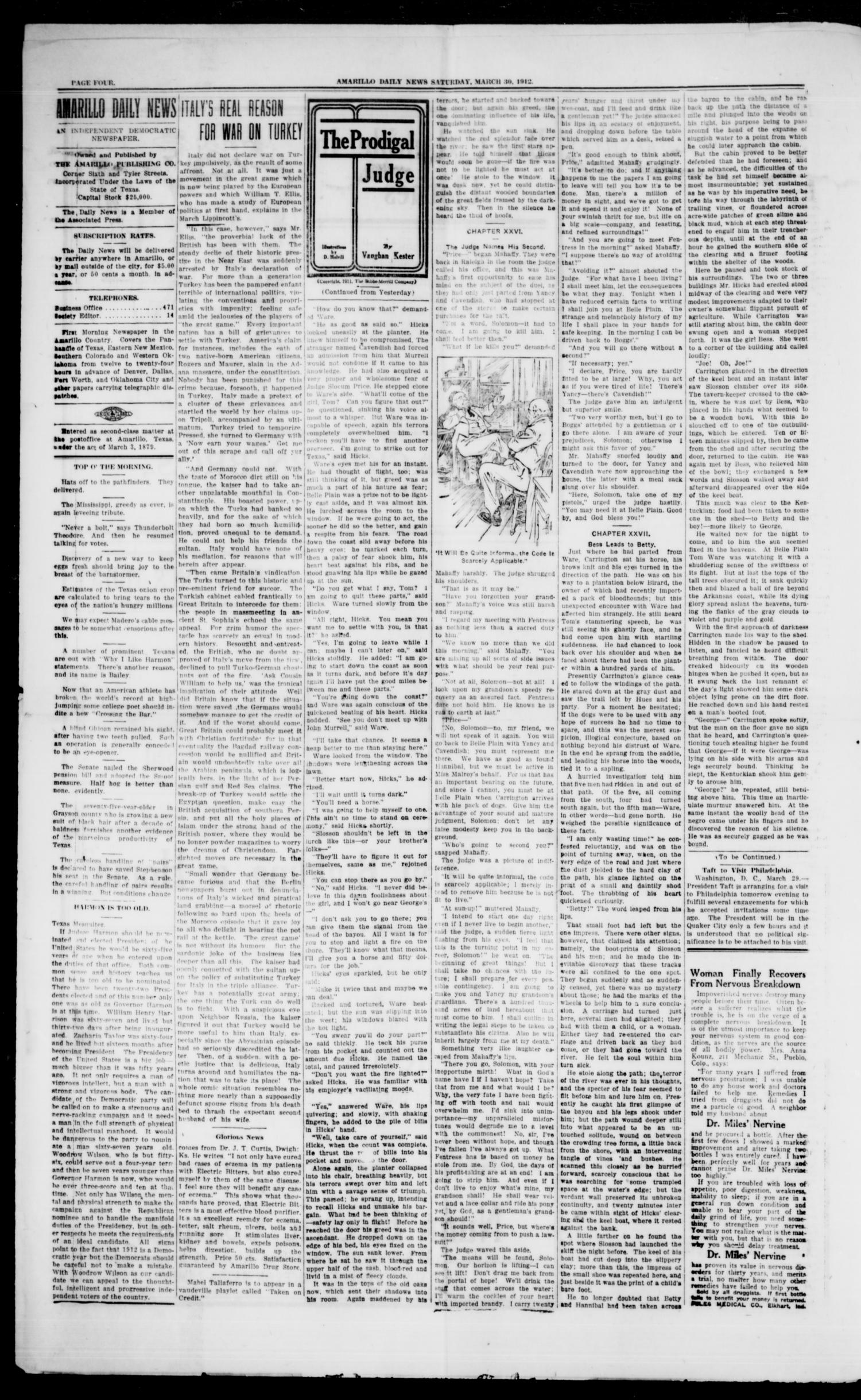 Amarillo Daily News (Amarillo, Tex.), Vol. 3, No. 127, Ed. 1 Saturday, March 30, 1912
                                                
                                                    [Sequence #]: 4 of 8
                                                
