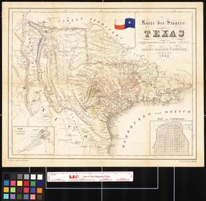 Primary view of object titled 'Karte des Staates Texas (aufgenommen in die Union 1846) nach der neuesten Eintheilung 1849'.
