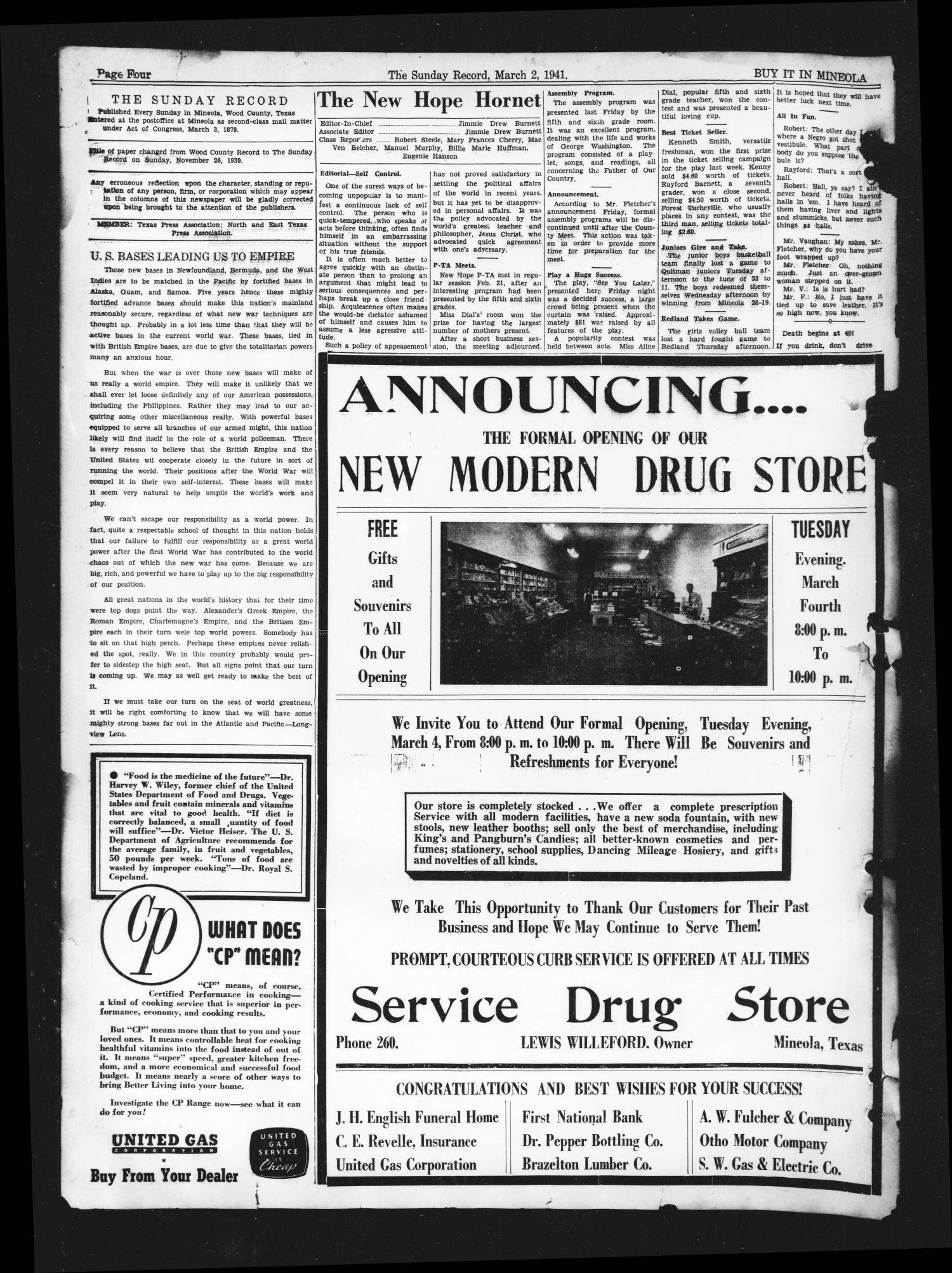 The Sunday Record (Mineola, Tex.), Vol. 11, No. 48, Ed. 1 Sunday, March 2, 1941
                                                
                                                    [Sequence #]: 4 of 4
                                                