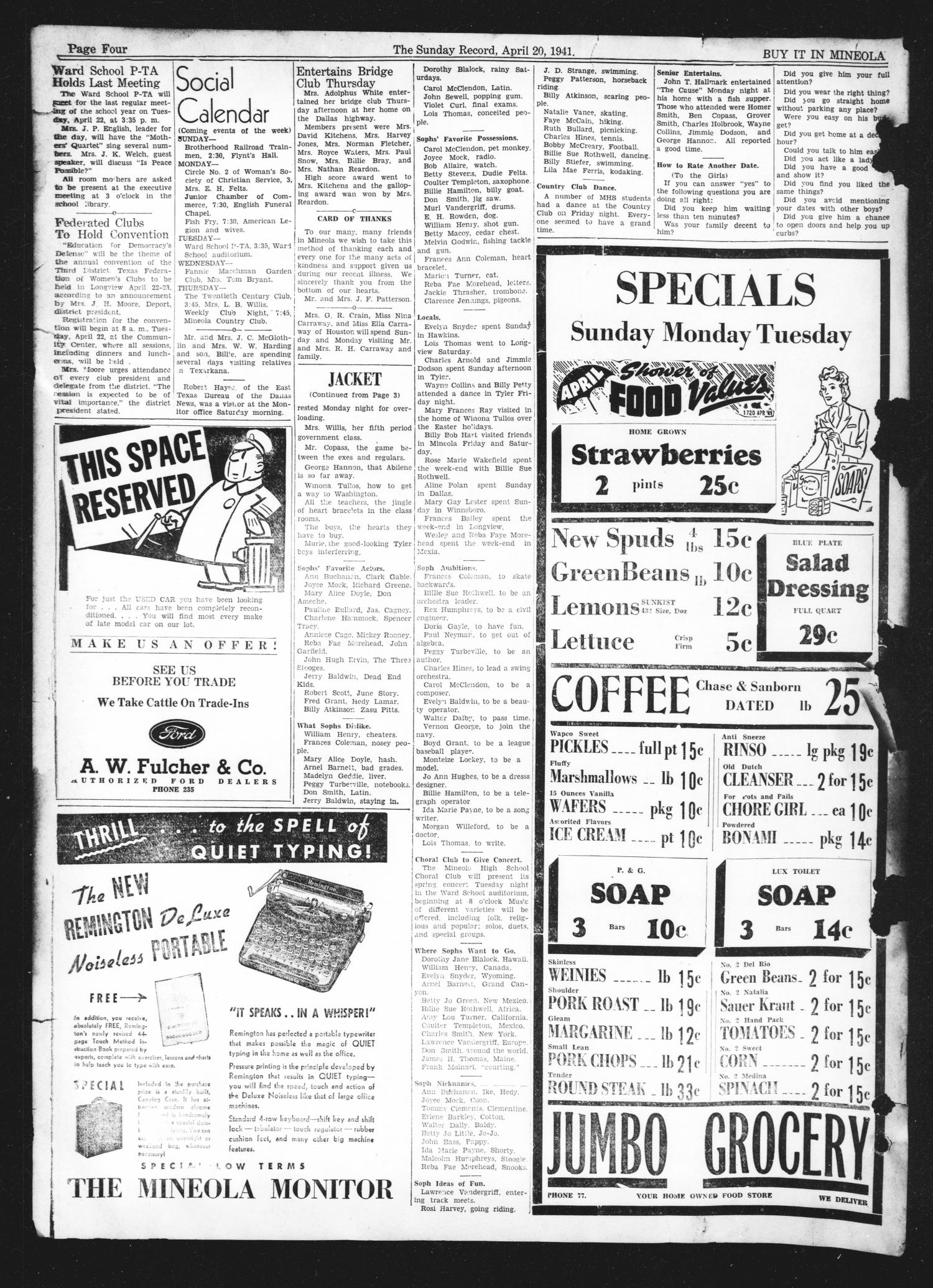 The Sunday Record (Mineola, Tex.), Vol. 12, No. 3, Ed. 1 Sunday, April 20, 1941
                                                
                                                    [Sequence #]: 4 of 4
                                                