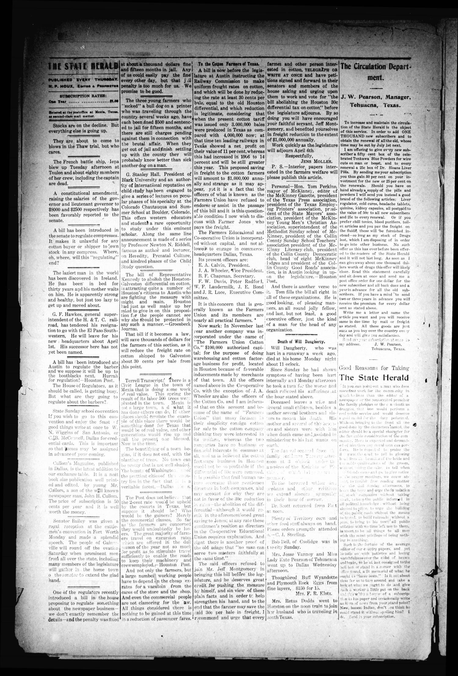 The State Herald (Mexia, Tex.), Vol. 8, No. 12, Ed. 1 Thursday, March 21, 1907
                                                
                                                    [Sequence #]: 4 of 10
                                                
