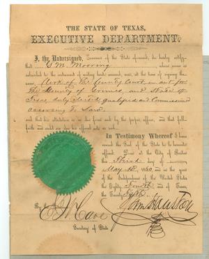 Primary view of object titled '[Statement certifying G.M. Mooring as Clerk of the County Court of Grimes County, May 3, 1860, and signed by Governor Sam Houston]'.