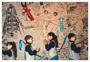 Primary view of object titled '[School Group in Front of a Mural]'.