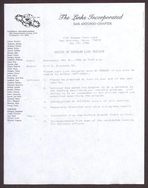 [Links Chapter Documentation: Notice of Regular Link Meeting for San Antonio Chapter on May 21, 1986]