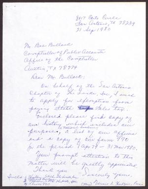 [Letter from Vernis Hudgins to Bob Bullock - September 21, 1980]