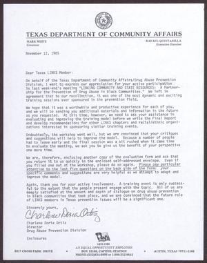 [Letter from Charlene Doria Ortiz to Texas Links Members - November 12, 1985]