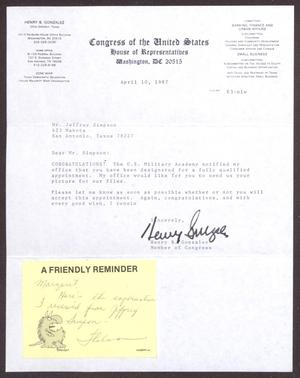Primary view of object titled '[Letter from Henry B. Gonzalez to Jeffrey Simpson - April 10, 1987]'.