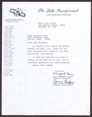[Letter from Margaret Winn and Vernis Hudgins to Dorothea Brown - December 13, 1985]