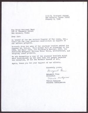 Primary view of object titled '[Letter from Margaret Winn and Vernis Hudgins to The Groos National Bank - January 8, 1986]'.