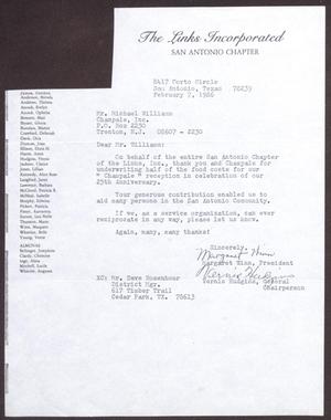 Primary view of object titled '[Letter from Margaret Winn and Vernis Hudgins to Michael Williams - February 7, 1986]'.