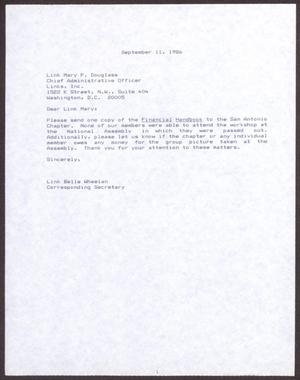 Primary view of object titled '[Letter from Belle Wheelan to Mary P. Douglass - September 11, 1986]'.